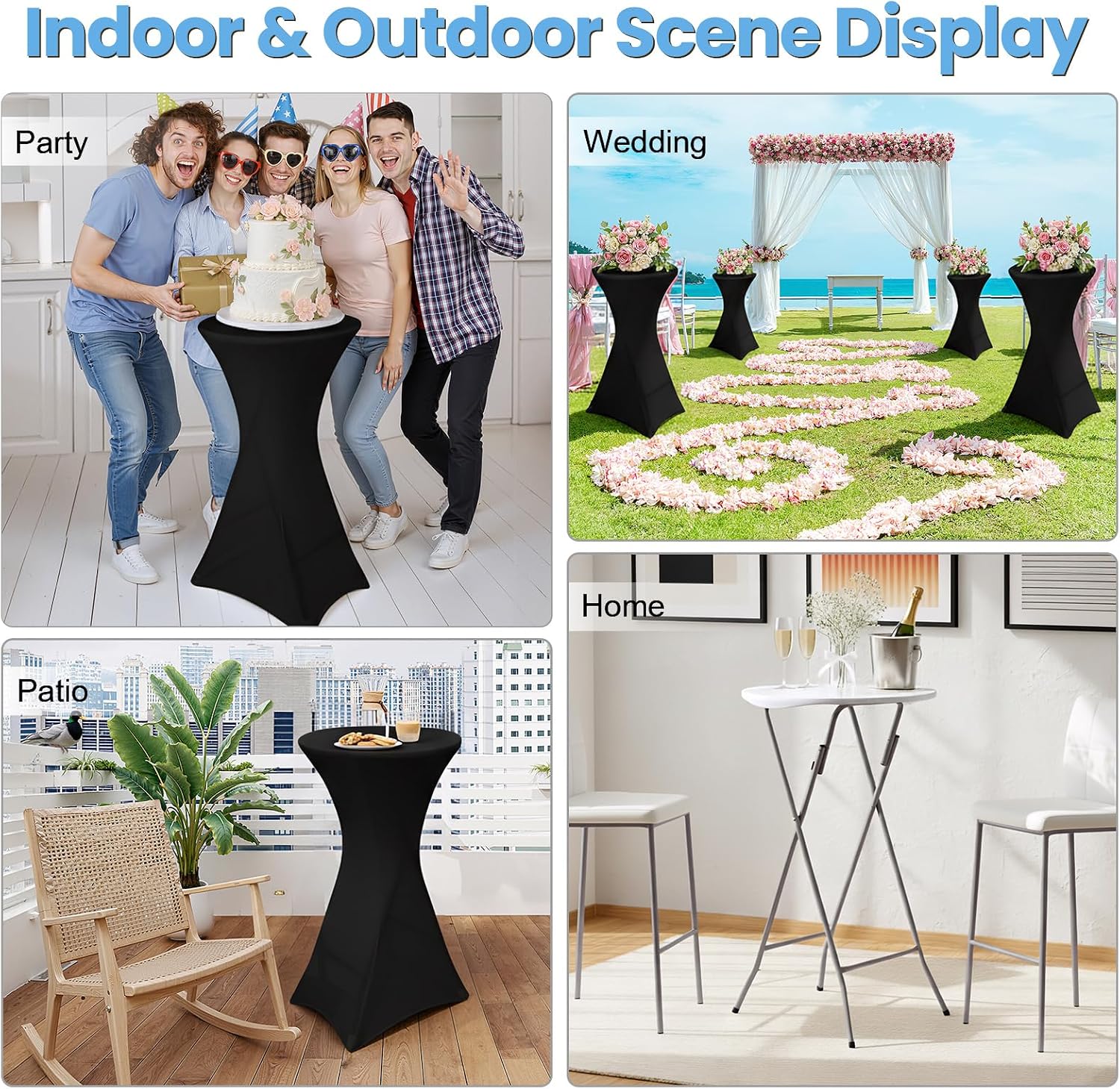 2Pc Cocktail Table 24In High Top with Dual Tablecloths,Bar Height Bistro Set, Detachable Legs, Heavy Duty Indoor Outdoor Furniture for Wedding, Party (2Pc Cocktail Table with Dual Black Tablecloths)