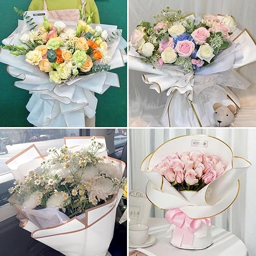 Miniatura 4 de 40 hojas de papel de regalo de flores con borde dorado con tarjetas, papel de regalo de ramo blanco, papel de regalo floral hermético, suministros