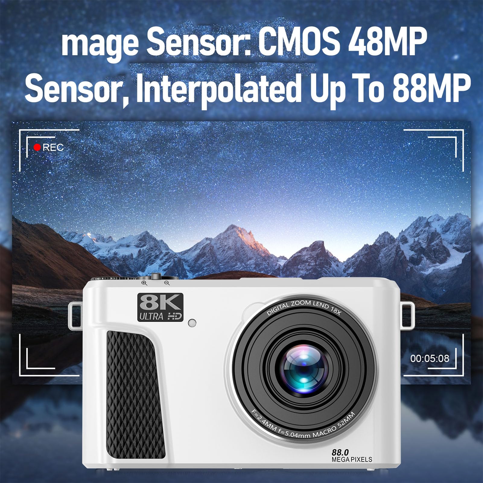 Fotocamera Digitale, Fotocamera da Viaggio WiFi 8K 88MP con Schermo Ribaltabile da 3 Pollici e Messa a Fuoco Automatica, per Streaming Live e Condivisione Sui Social Media, (WHITE)