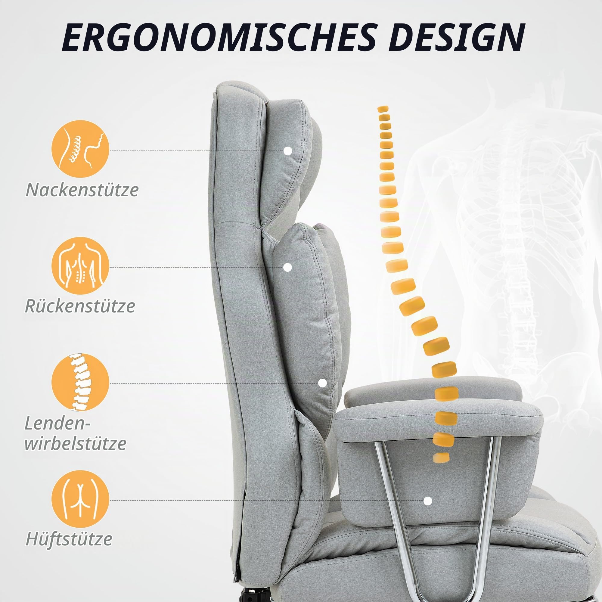 HOMCOM Bürostuhl mit Liegefunktion Ergonomisch mit Fußstütze Hellgrau