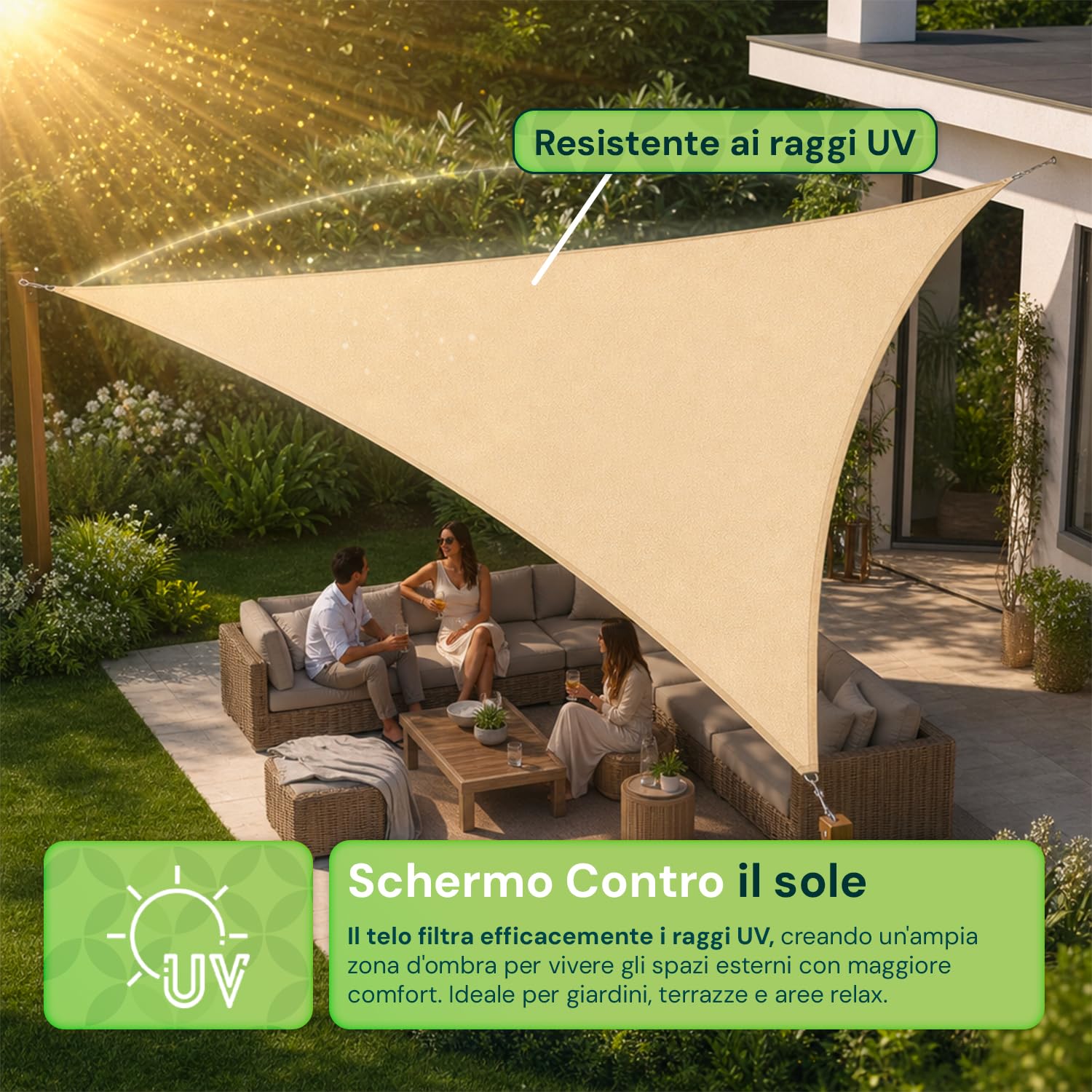 Tenda a Vela Parasole Ombreggiante Traspirante Permeabile Telo Telone per Esterno, Giardino, Terrazzo, Balcone Rettangolare e Quadrata Resistente ai Raggi UV (Triangolare, 5 x 5 x 5 metri)