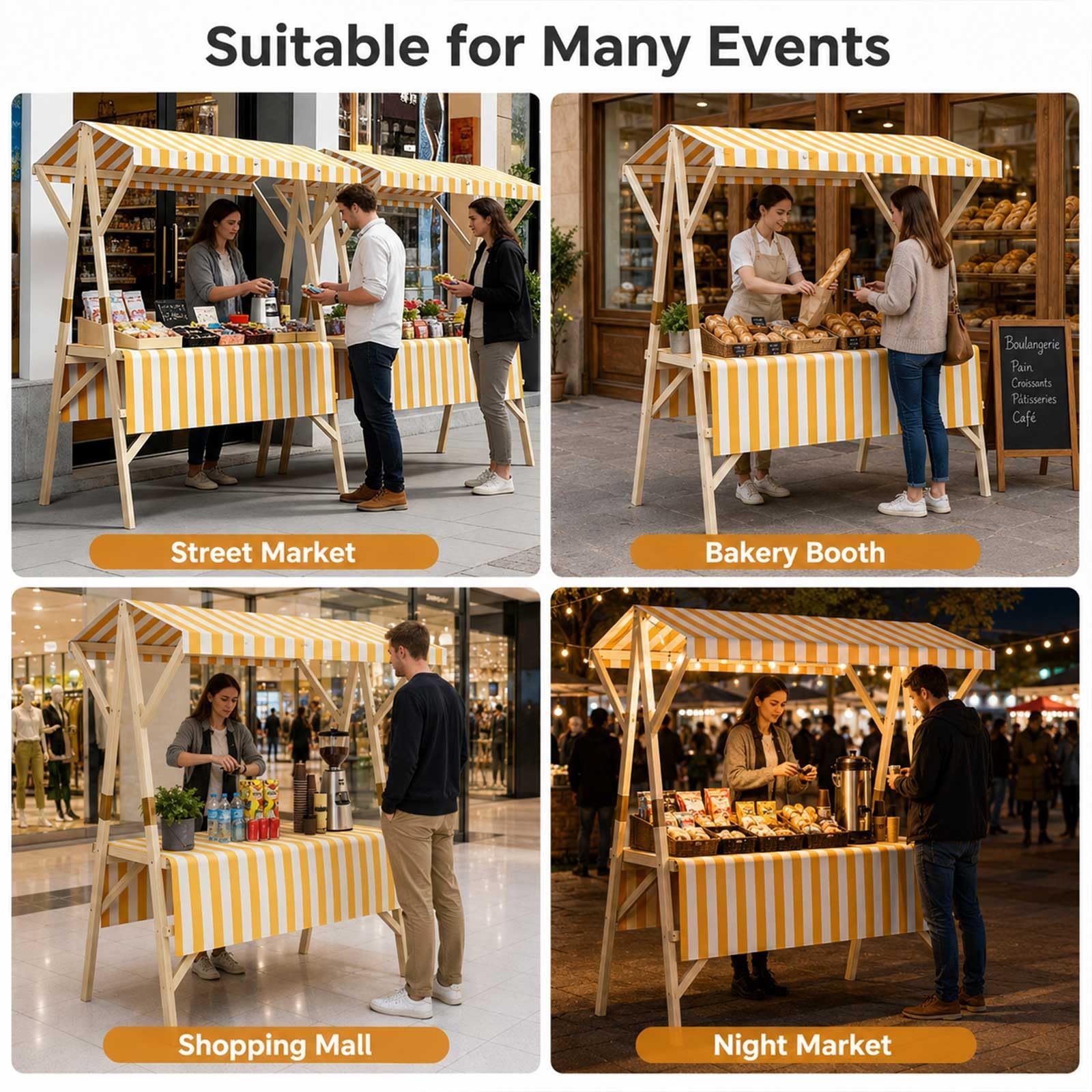 Genérico Puesto De Mercado con Toldo, Carrito De Comida Callejera De Madera, Puesto Plegable para Ferias Artesanales, Mercado Callejero, Venta Ambulante Y Expositor Móvil(White,59.1in/150cm)