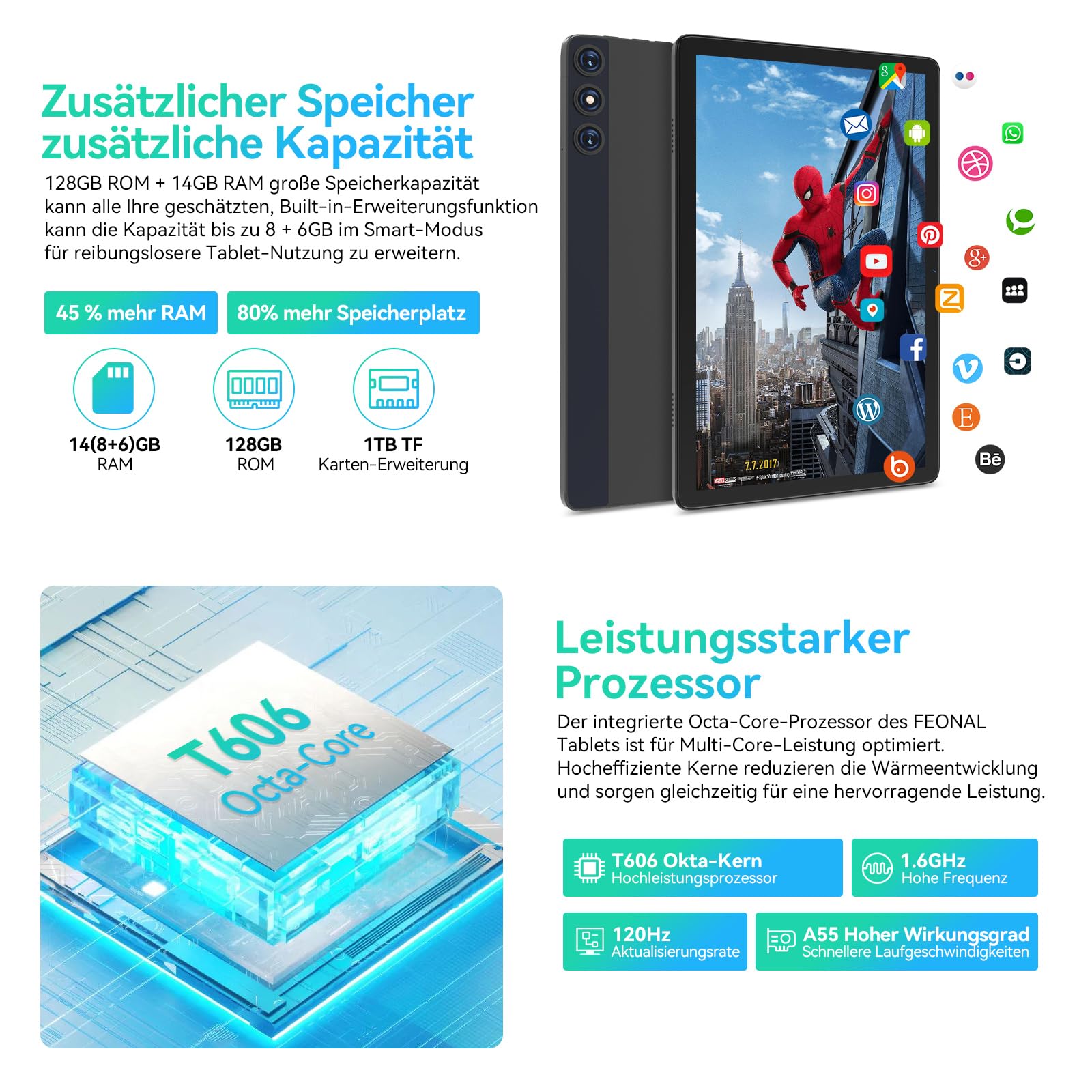 FEONAL Android 15 Tablet 10 Zoll, 4G LTE Tablets Mit 2 SIM 1 SD Slot, 5G WiFi Tablett PC Mit 14GB+128GB(1TBTF), Tablet Mit Tastatur Maus Stift & Hülle, 8-core, 1080FHD, 21MP, 7000mAh, GPS/OTG - Grau