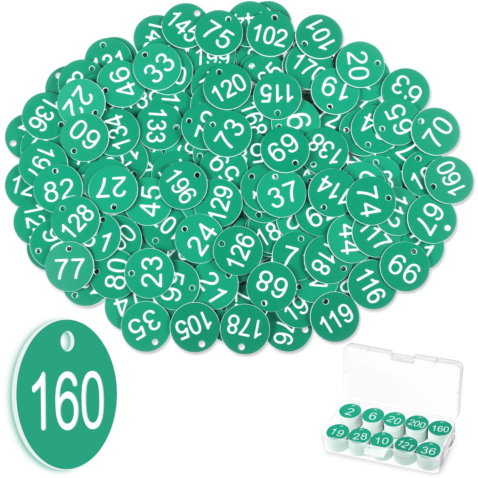 Tenare 1-200 Étiquettes de Numérotée en Plastique Porte-Clés Numéroté 1 à 200 Étanches Étiquettes de Numéro avec Trou pour Vestiaires Hôtels Écoles Restaurant, sans Anneaux(Vert,200)