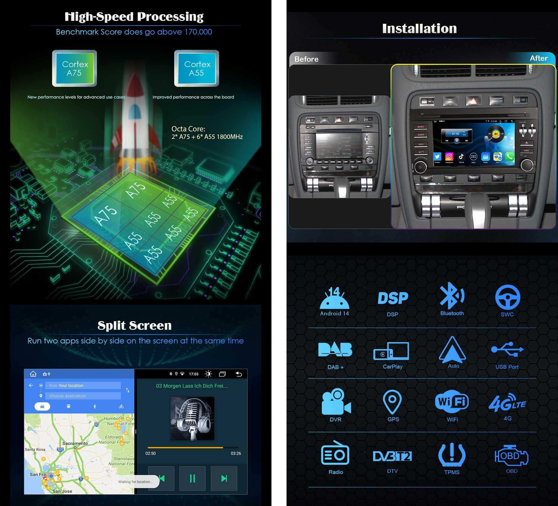 erisin 8 Core 4+64GB Android 14 Estéreo de Automóvil Autoradio para Porsche Cayenne Soporte GPS Carplay inalámbrico Android Auto DSP Bluetooth DVD DVR WiFi 4G Dab+ TPMS