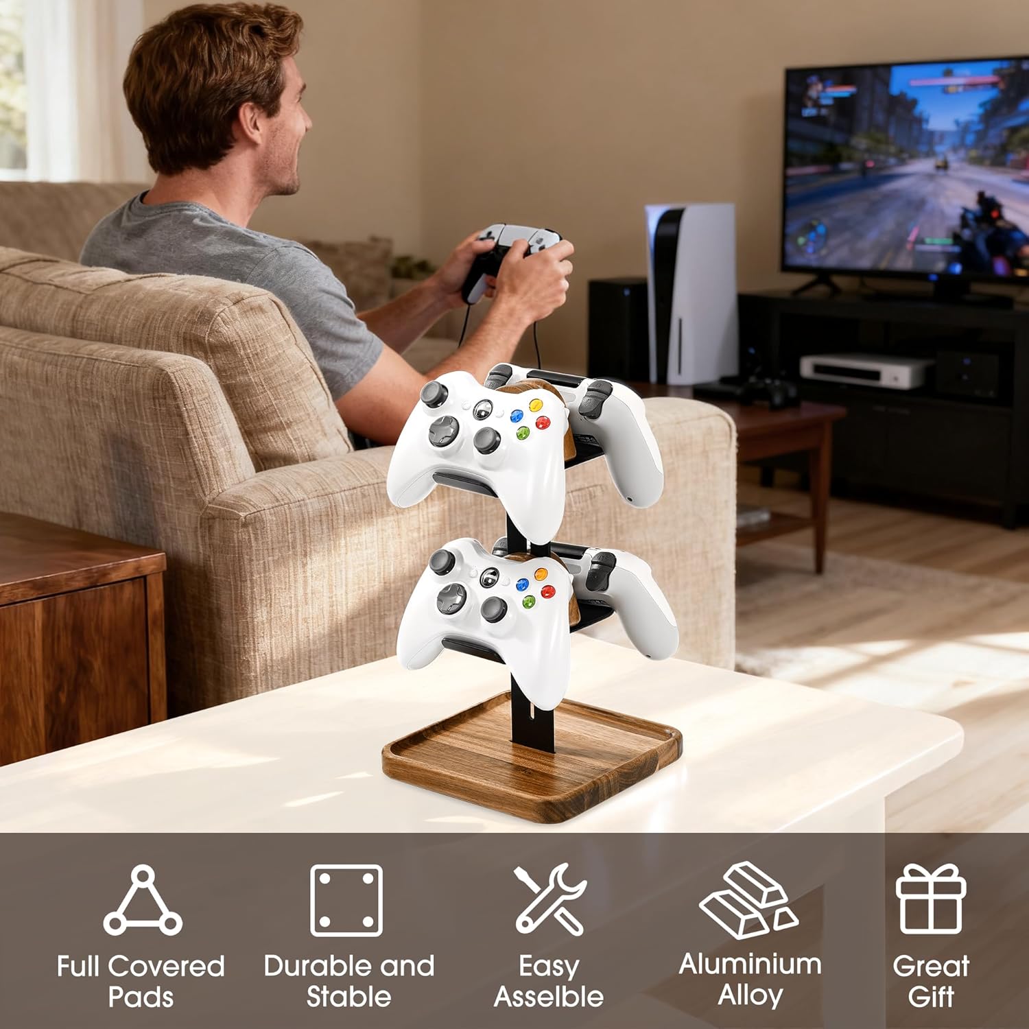 Game Controller Wood Stand for Desk, Adjustable 2 Tiers Game Controller Holder for PS/Xbox/Switch/Nintendo,Dual Tiers Controller Holder On The Desk,Accessories Managment,Wood,Black - Image 6