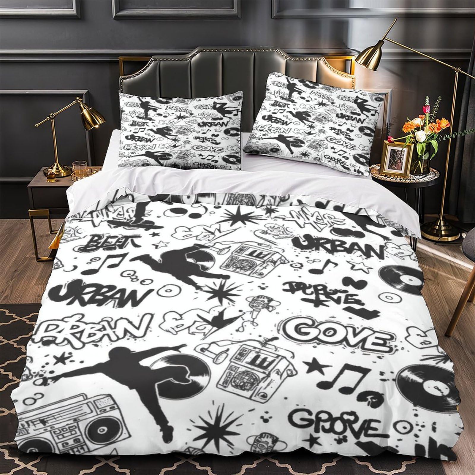 Housse de couette anti-acarien facile à laver lit 1 place pour fille motif rue moderne