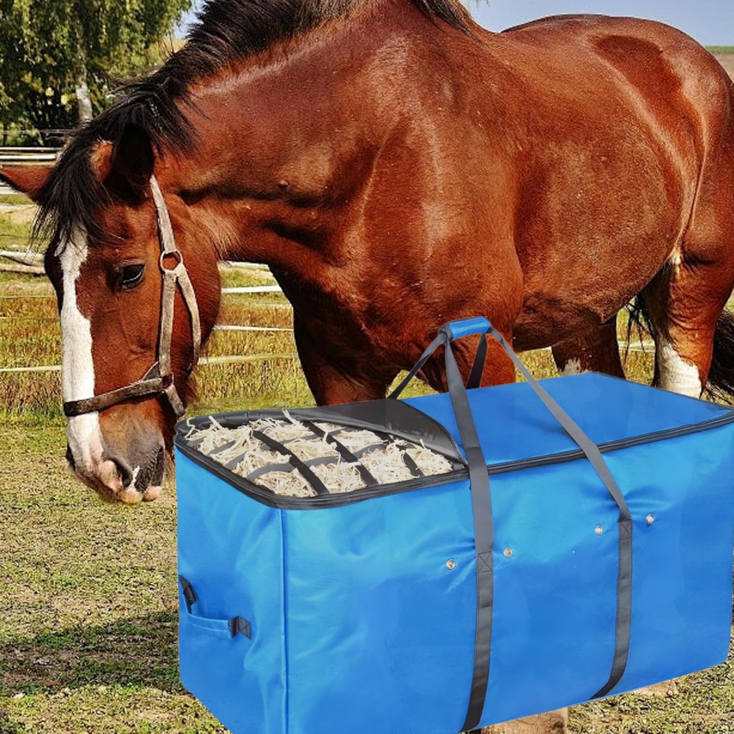 Extra Großer Heuballen Aufbewahrungssack (112x55x45cm) aus Strapazierfähigem Oxford, Tragbarer Heubeutel für Pferde, Ziegen & Rinder als Heufutterautomat für Stall & Transport