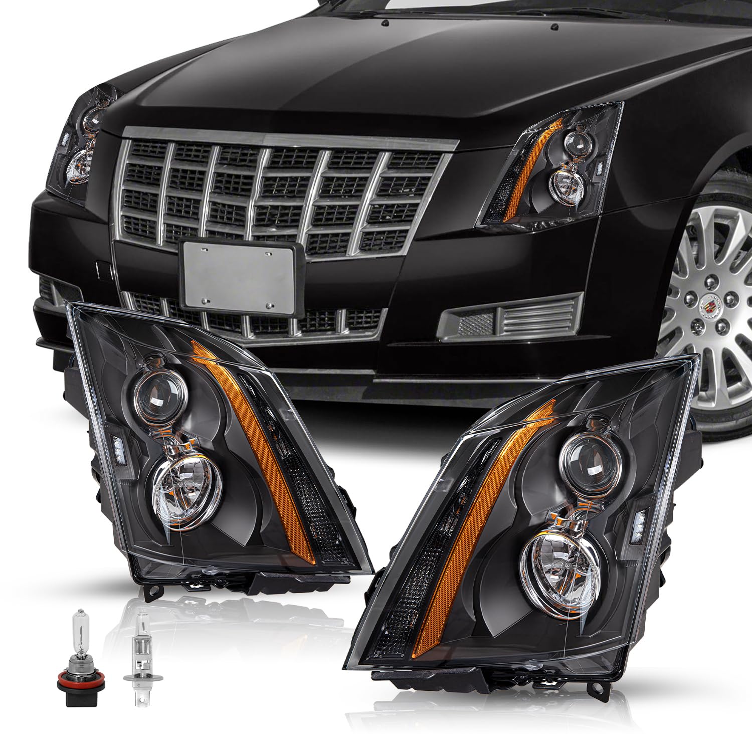 Halogen Headlight Assembly Replacement for 2008-2014 CTS Projector Headlamp w/Bulbs Passenger & Driver Side