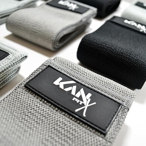 Miniatura 7 de Bandas de resistencia antideslizantes Kan X Fit para entrenamiento de glúteos, piernas y núcleo. Juego de 3 bandas de tela de niveles para yoga,