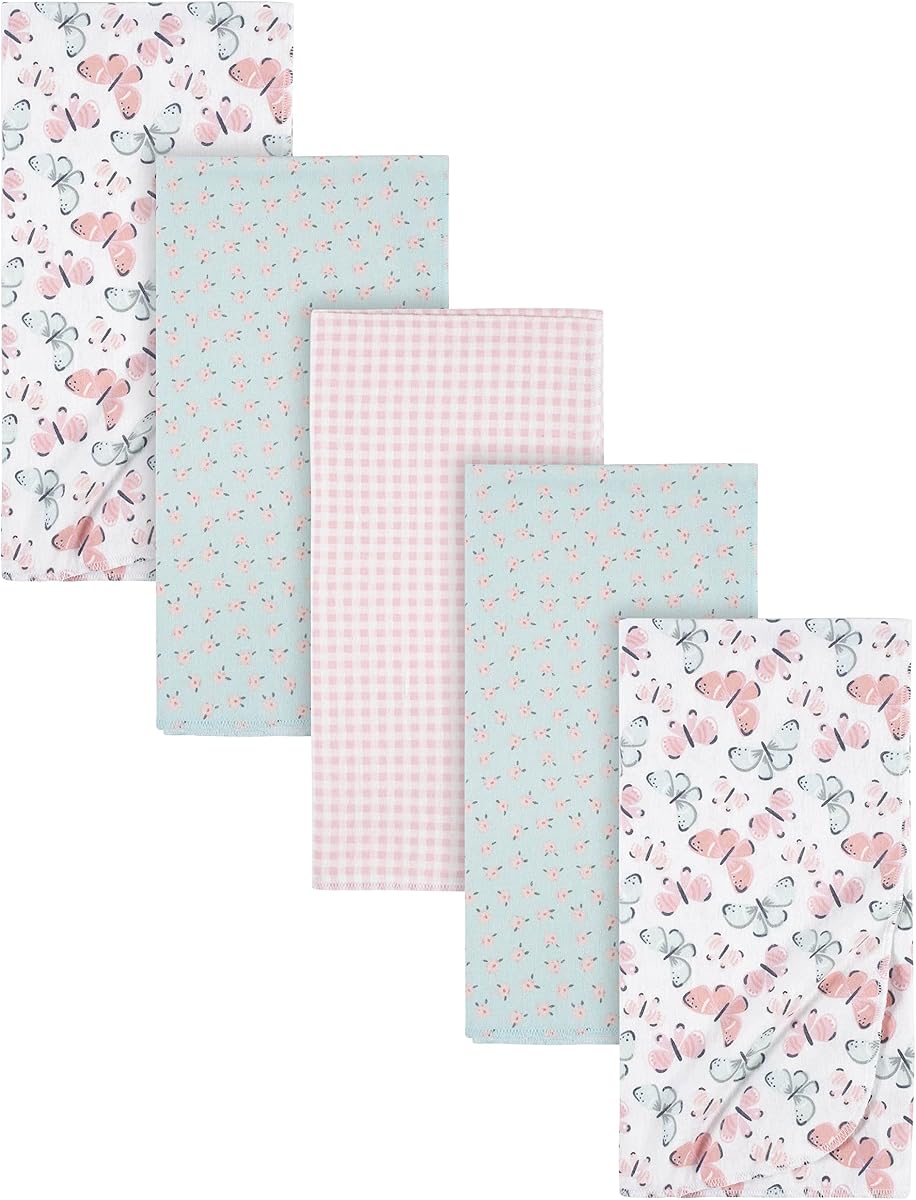 Girls Newborn Infant Baby Toddler Nursery 100% Cotton Flannel Receiving Swaddle Blanket, Butterfly White, Pack of 5