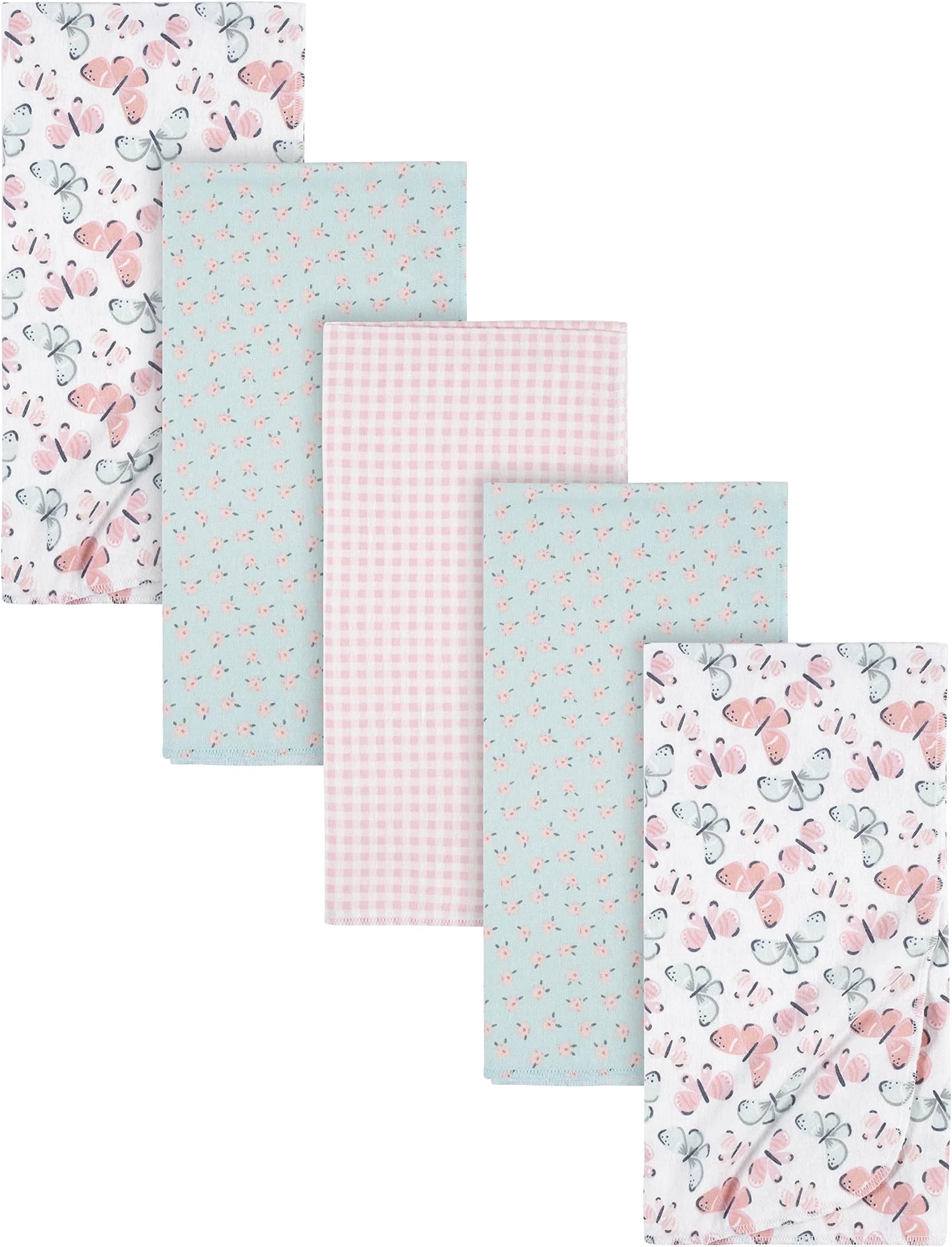 Girls Newborn Infant Baby Toddler Nursery 100% Cotton Flannel Receiving Swaddle Blanket, Butterfly White, Pack of 5
