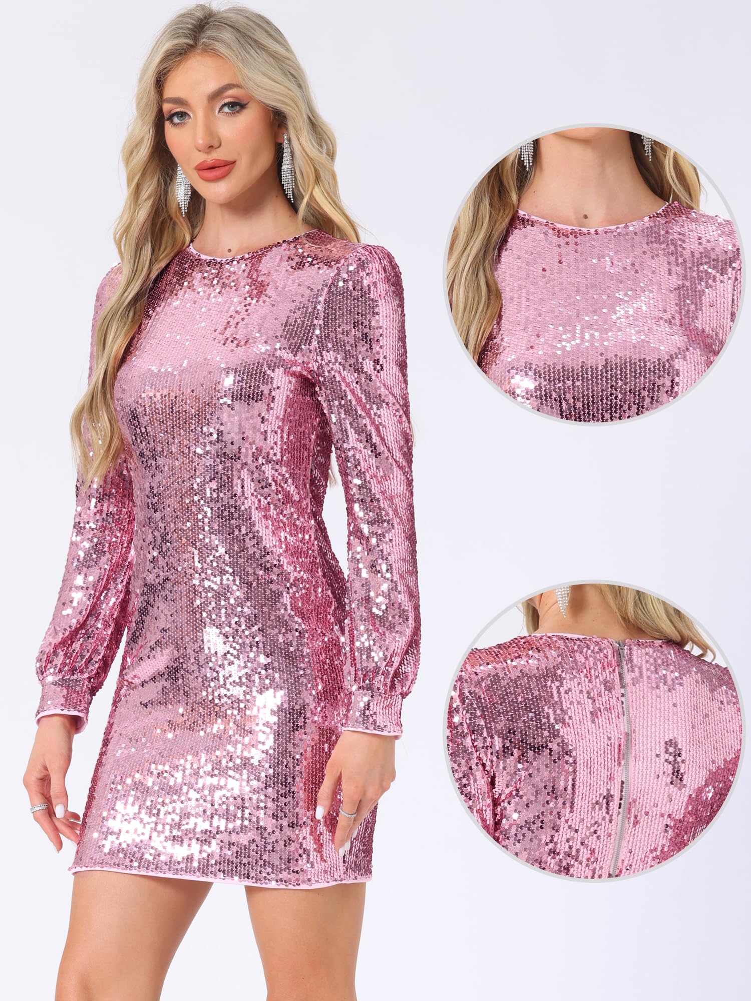 Allegra K Vestido de lentejuelas para mujer, fiesta, cóctel, farol, manga larga, brillante, discoteca, mini vestidos ajustados