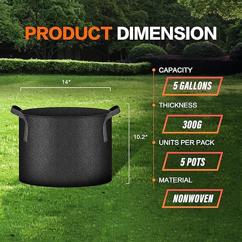 Miniatura 3 de iPower Paquete de 5 bolsas de cultivo gruesas de 5 galones, macetas de tela no tejida, contenedor de aireación con asas de correa para jardín y