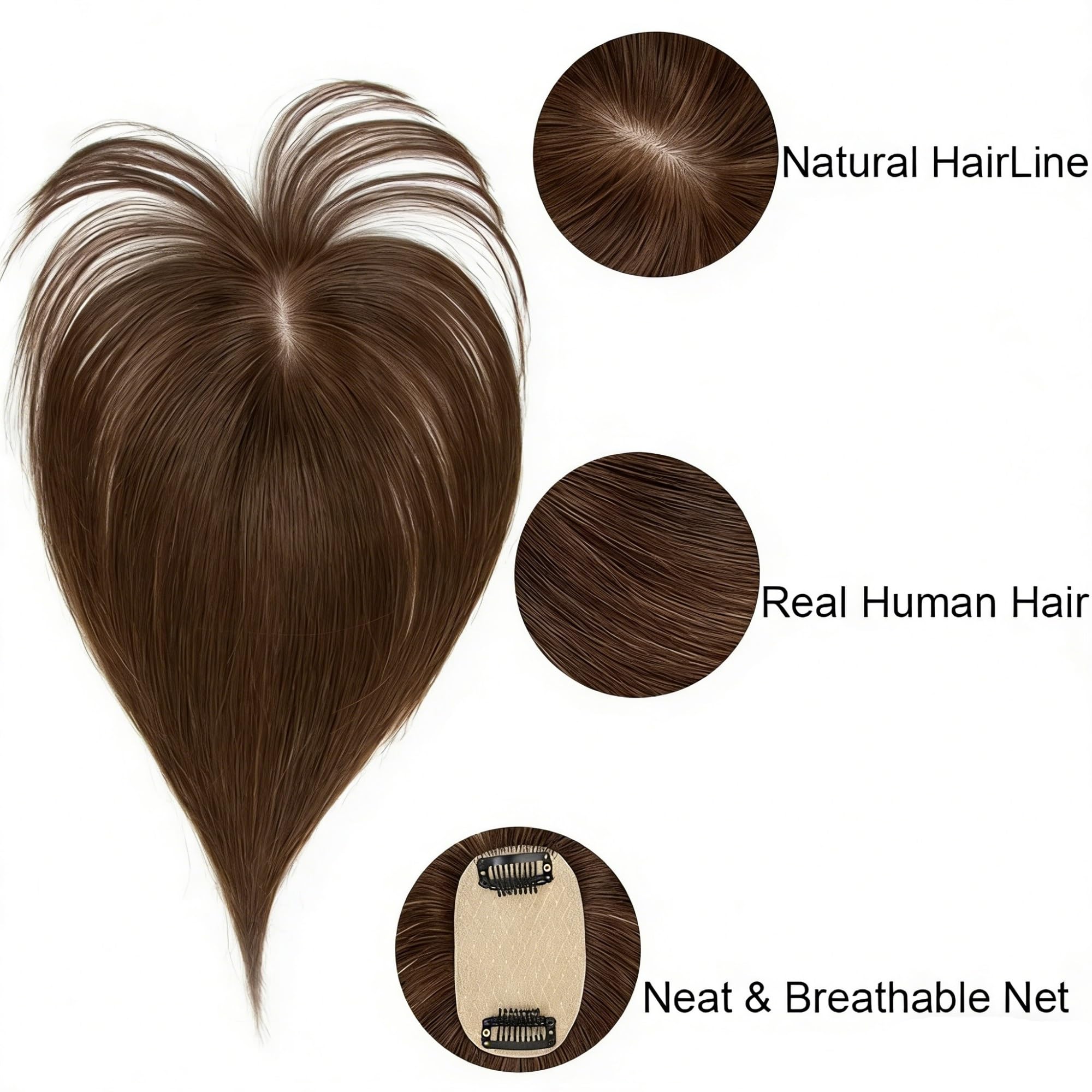 Topper para el pelo de 5 x 9 cm con flequillo, pinza para el pelo marrón y con puntos destacados para mujer (10 inches 25 cm, Light Blonde)