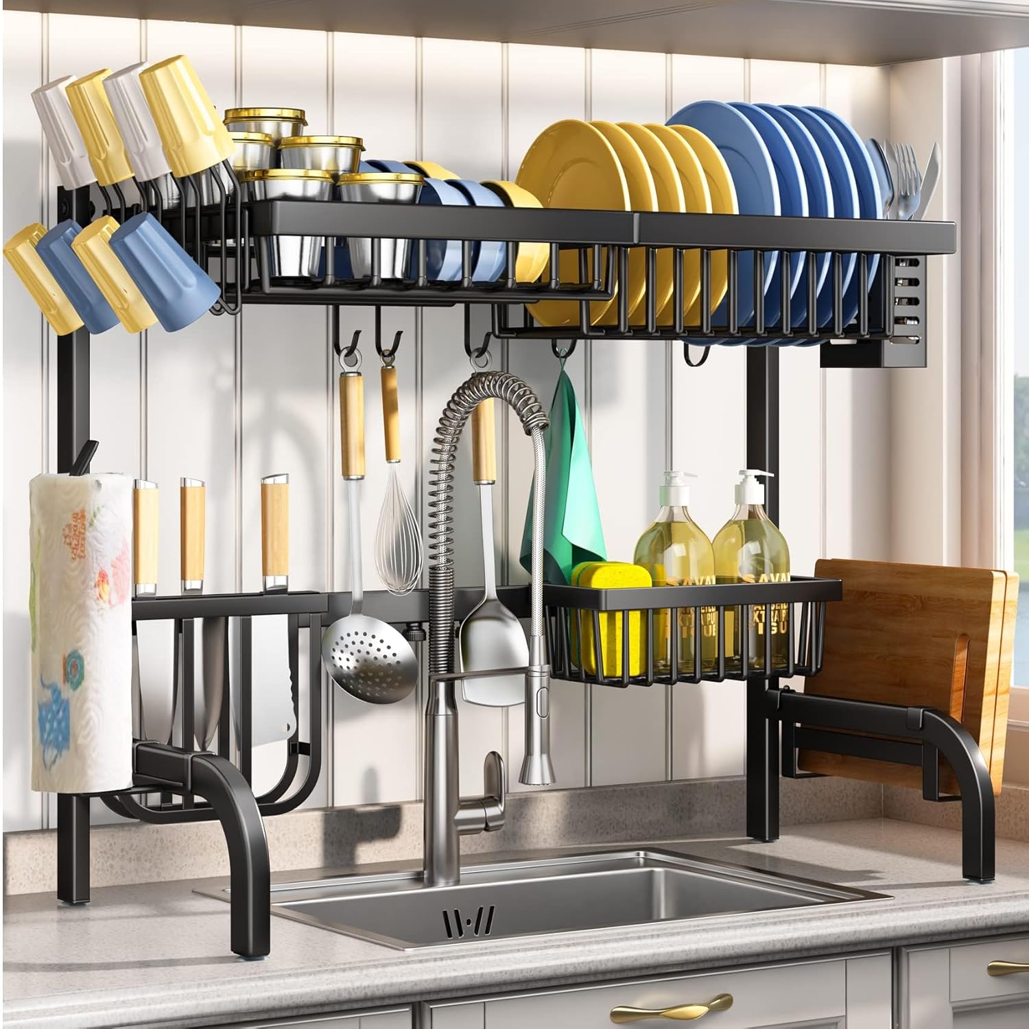 SAYZH Over The Sink Dish Drying Rack Adjustable 25 5 to 33 5 inch 2 Tier Metal Steel