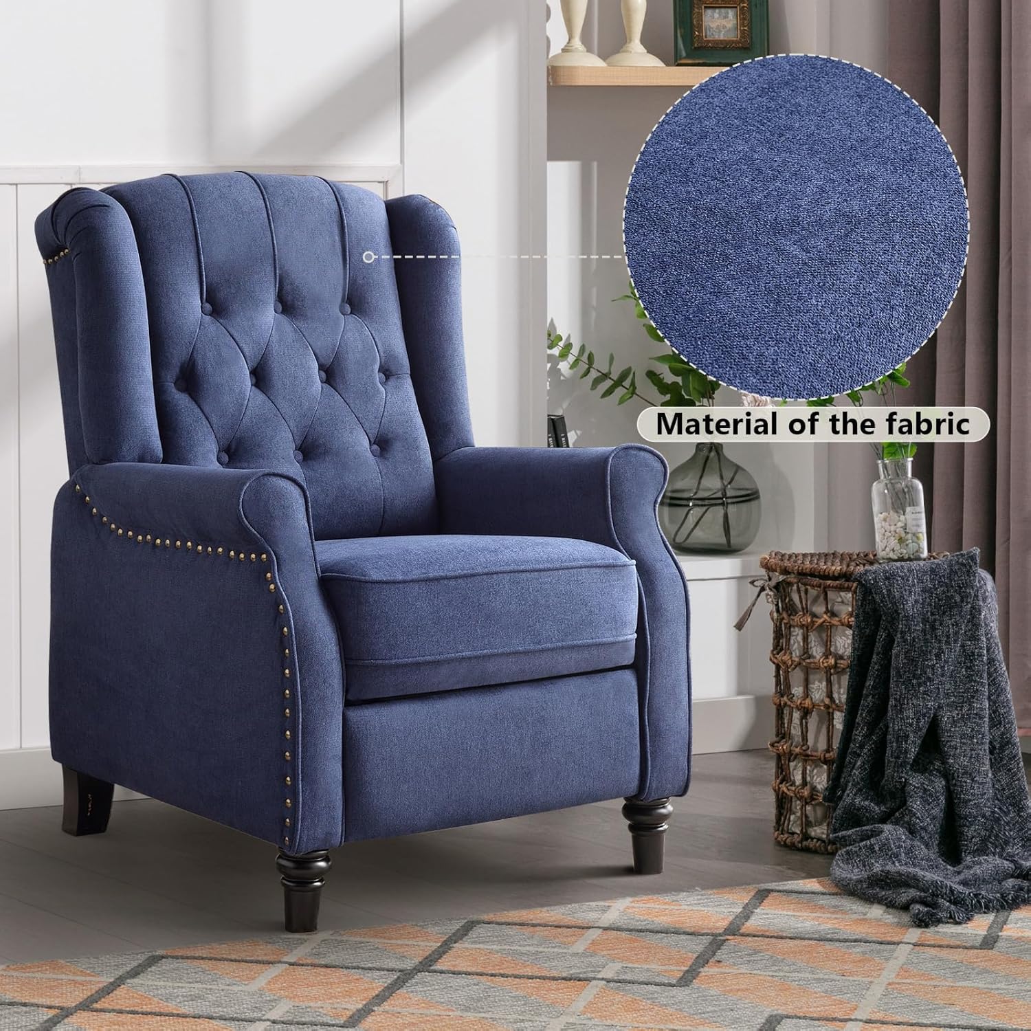 CANMOV Push Back Recliner Chair,Accent Chair, Mid Century Wingback Recliner, Fabric Push Back Recliner Chair Single Armchair Sofa with Rivet Decoration, Button-Tufted Back for Living Room,Dark Blue
