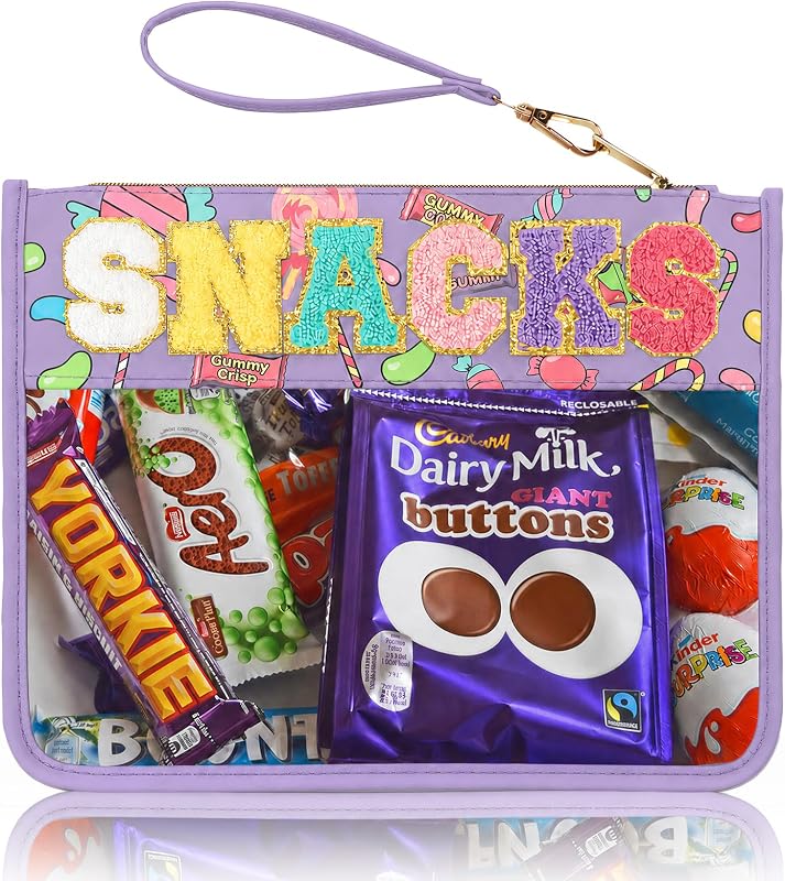 Necessaire transparente Burskit com zíper e letras de chenille, roxo-candy, HZB-TM, 1 unidade