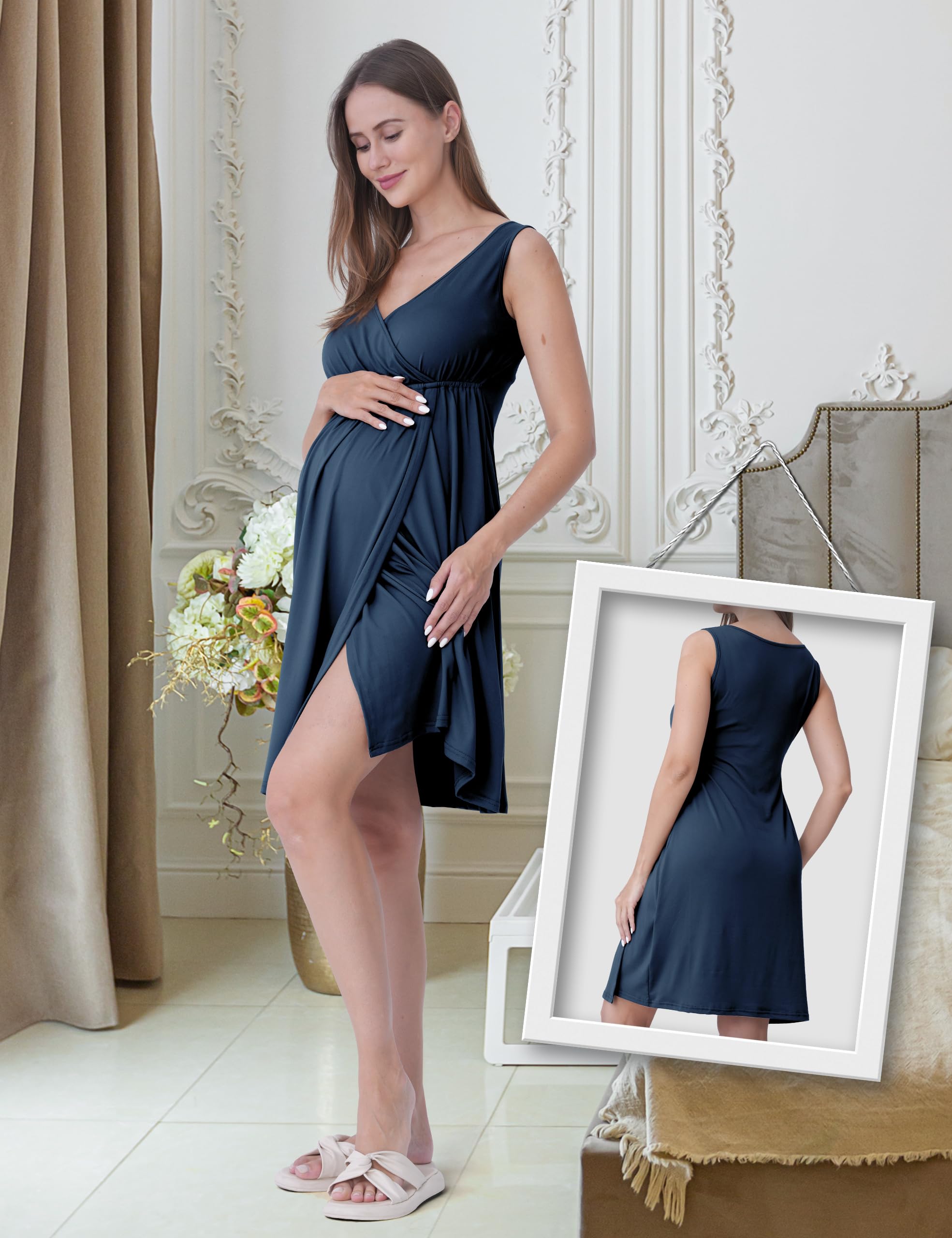 SUNNYBUY Camisón de maternidad y lactancia con bata, 2 piezas, juego de vestido de noche 3 en 1 para el parto, el parto y la lactancia, ropa de dormir hospital, azul marino, L