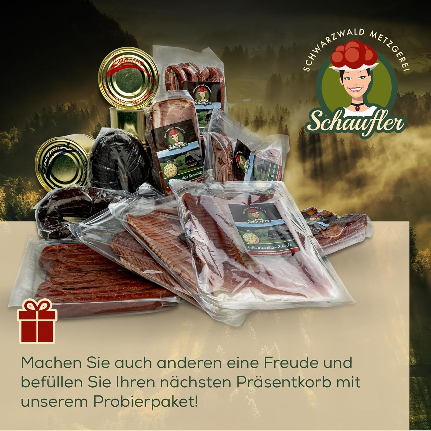 Schwarzwald Maxi Spar XXL Sortiment - 12-teiliges Set mit Dosenwurst, Bauernwurst, Schinken, Landjäger, scharfe Wurst - Paket für den Vorratsraum