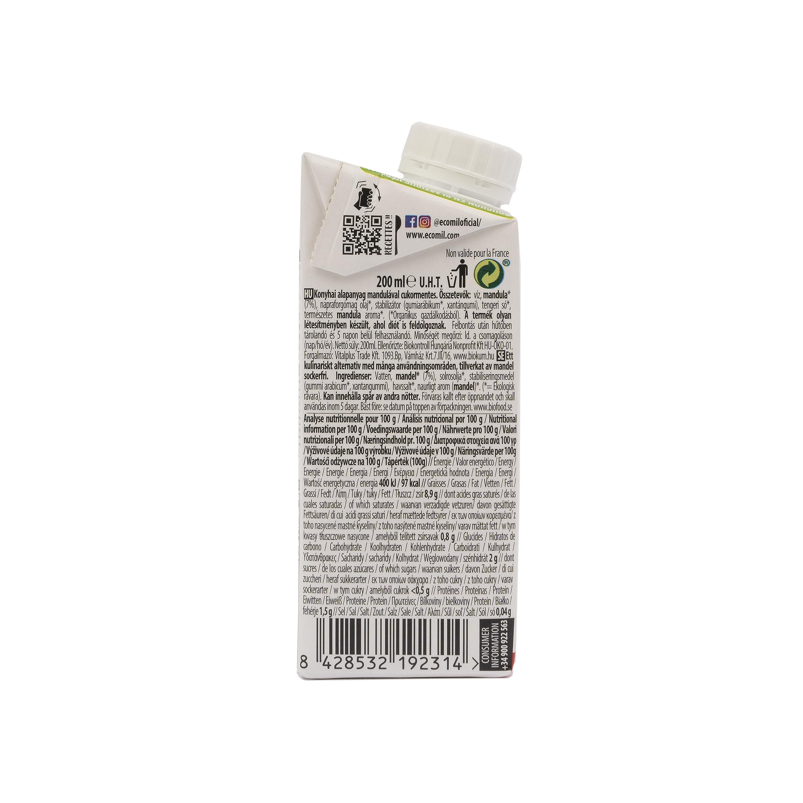 ECOMIL Cousine Almond Nature Crema de Almendras Para Cocinar 12 x 200 ml