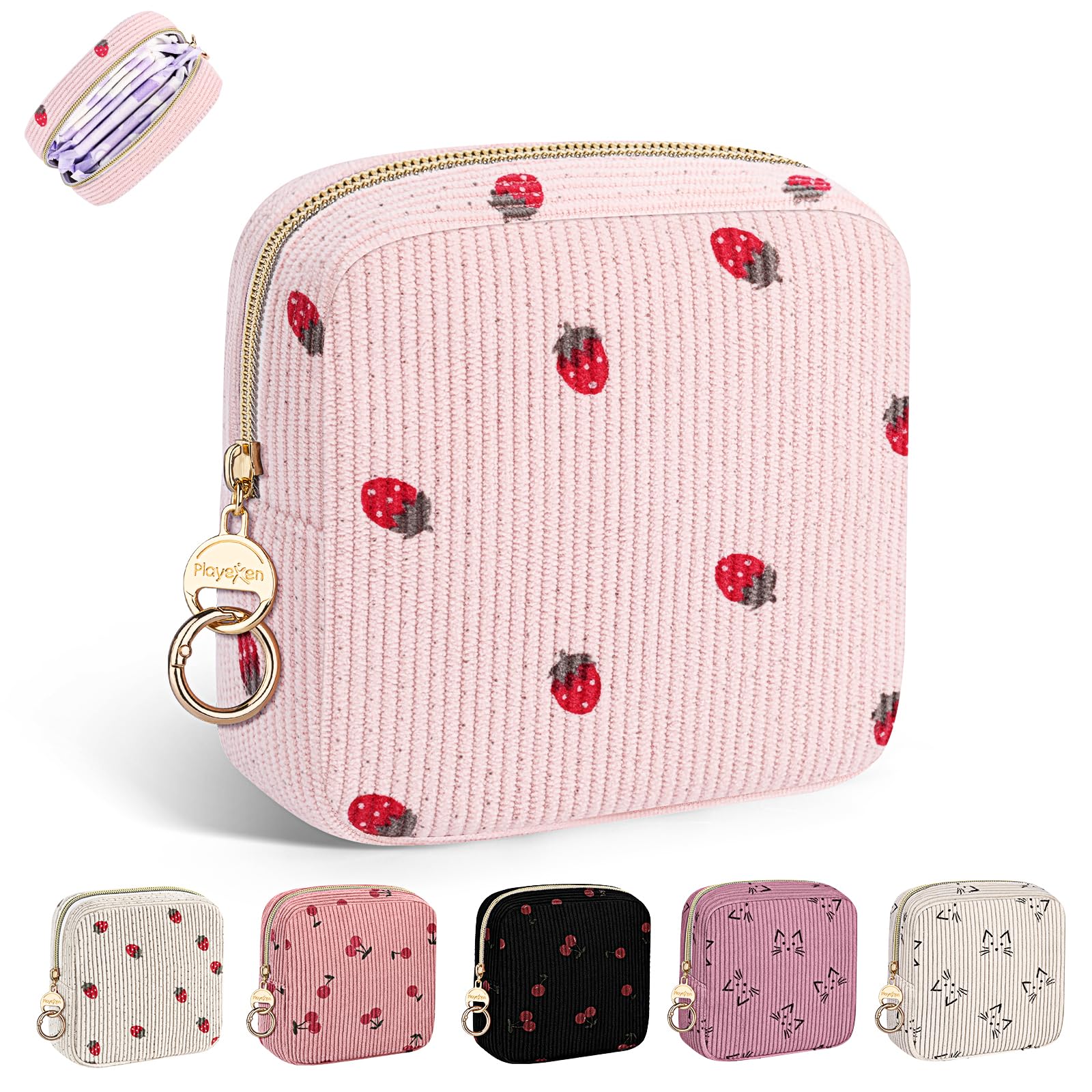 Period Bag for Teen Girls, Corduroy Sanitary Napkin Pouch, S-Pink