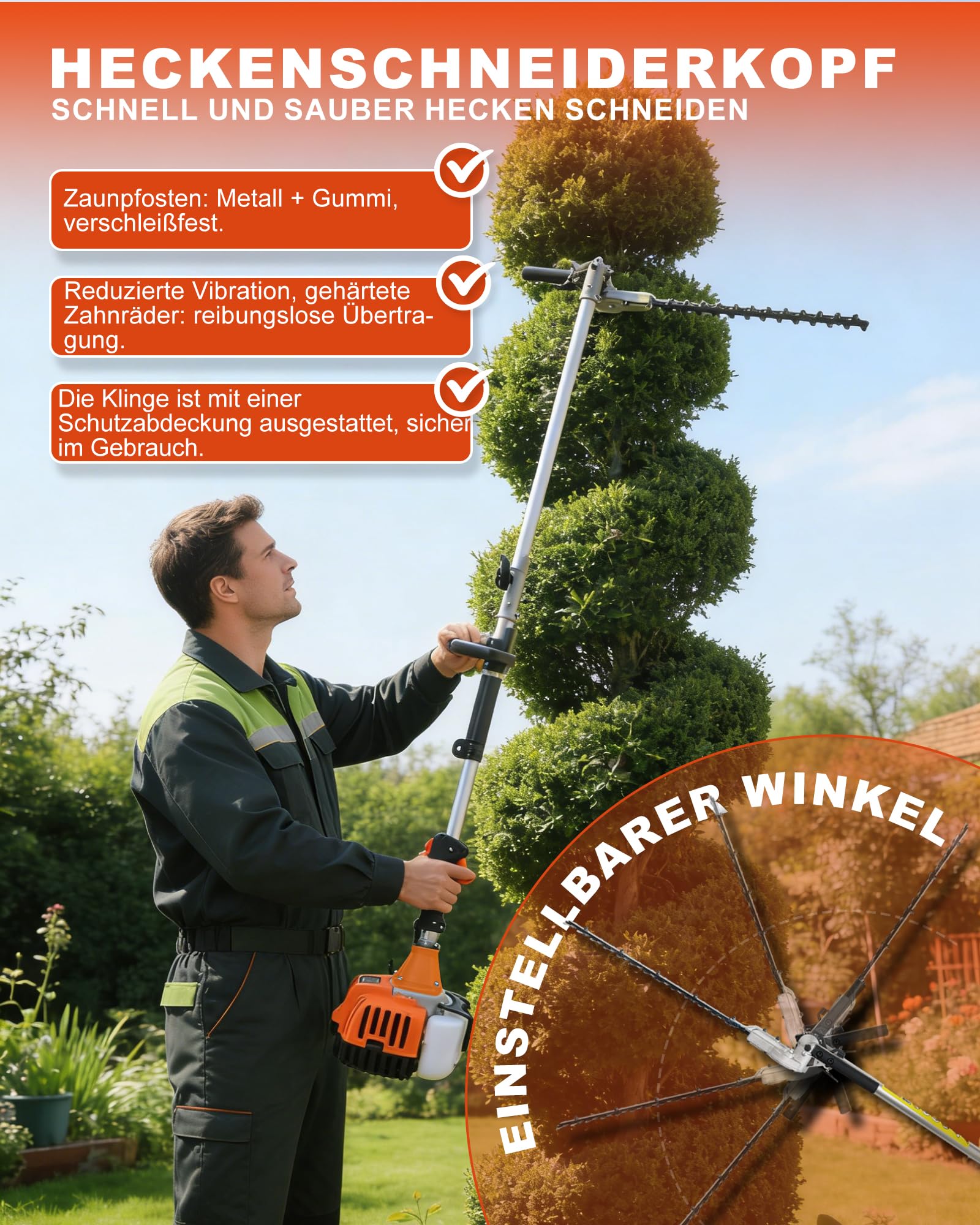 Benzin Motorsense 52cc 2-Takt freischneider-mit Benzin-Strimmer und Freischneider 、Heckenschere 、Kettensäge 3 PS, 2-Takt Luftgekühltes Gartengerät, Leistungsstark & Kraftstoffsparend