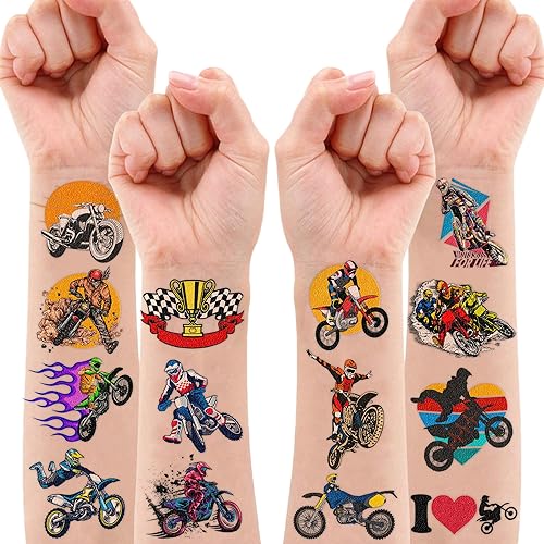 Miniatura 7 de Tatuajes temporales para motocross, suministros de fiesta de cumpleaños, regalos de decoración de 96 piezas, 8 hojas, lindas calcomanías de tatuaje