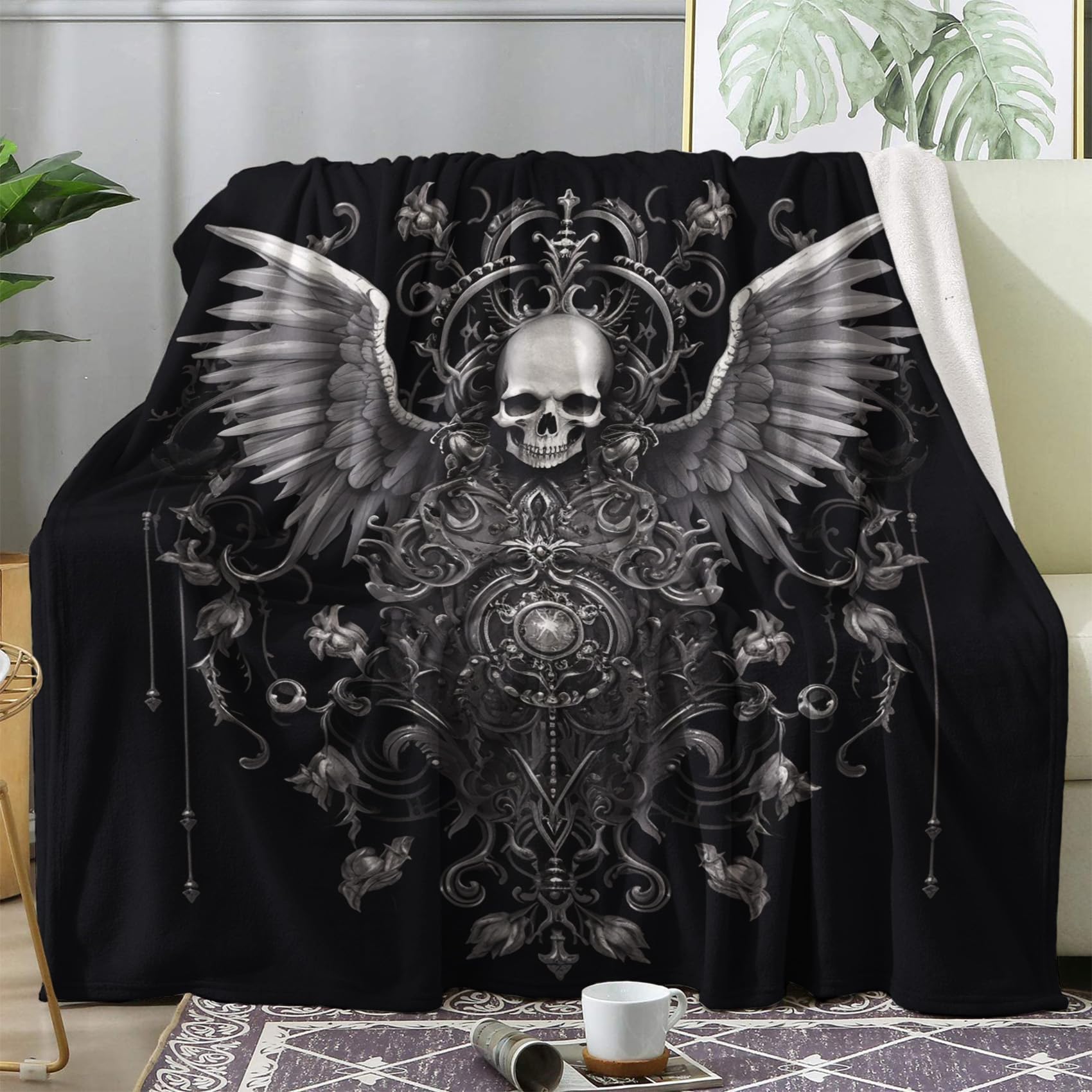 Sleepwish Luna Totenkopf-Motten Decke – Sherpa-Fleece, Beidseitig Weich, 127x152 Cm – Schwarze Galaxie Mit Sternen Für Erwachsene & Teens