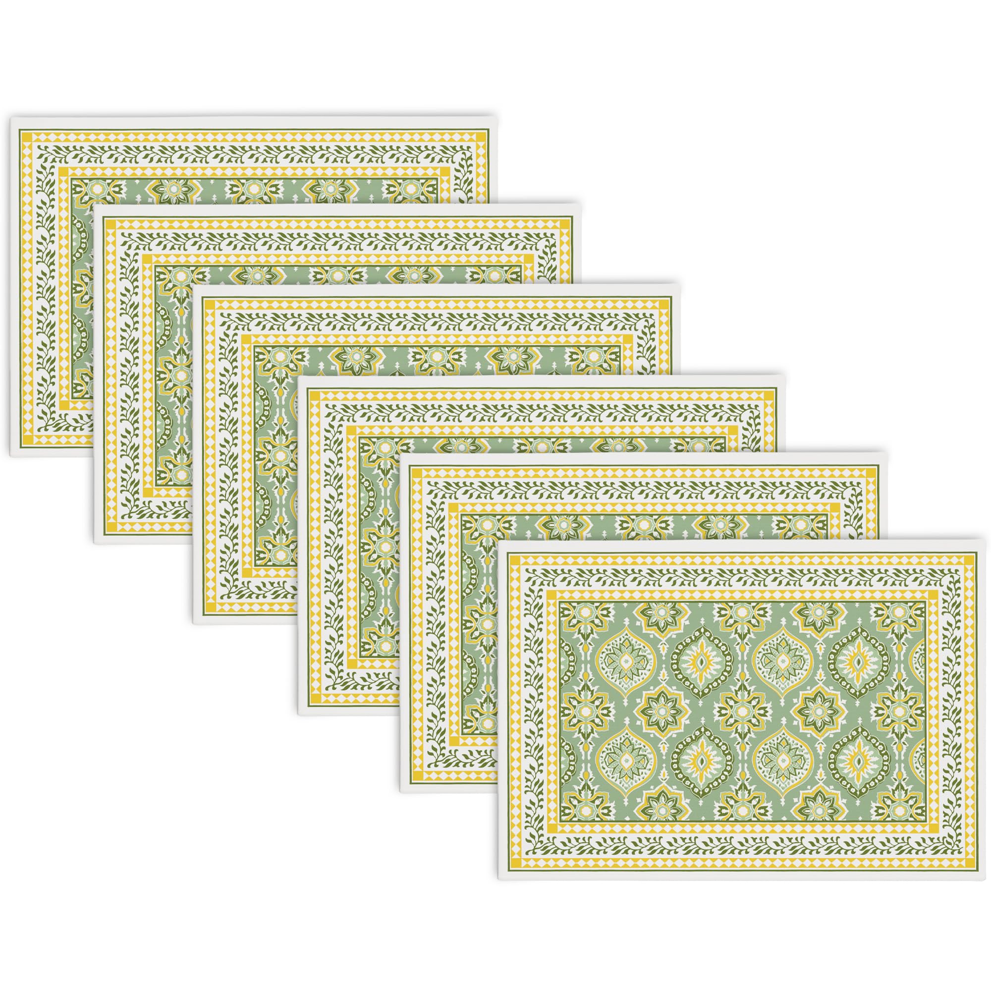 Encasa XO Dining Table Mats Set of 6 | Sage-03 Block Printed Cotton Canvas Placemat - 46x32 cm | Jaipur Sanganeri Hand Print
