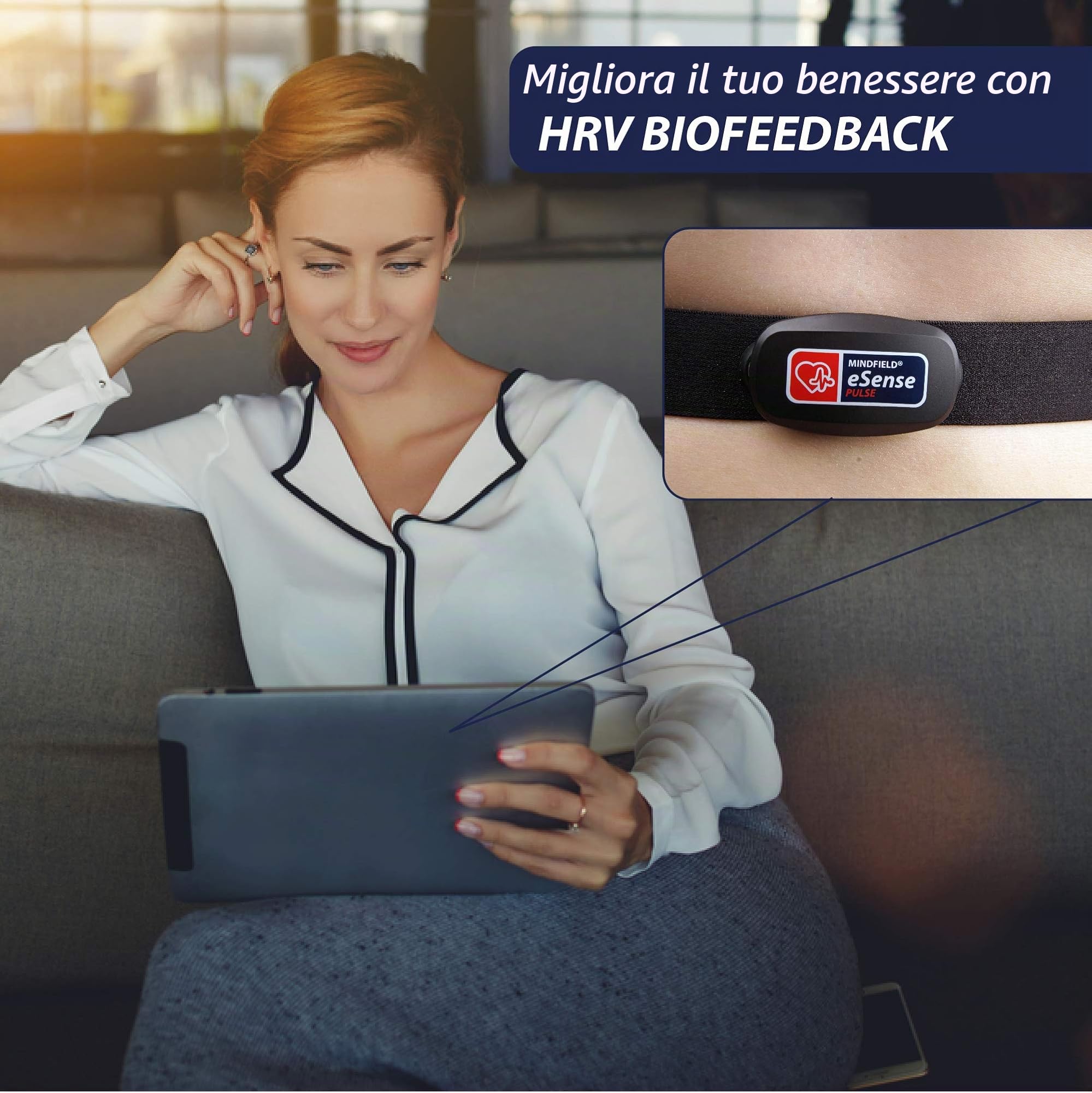 Mindfield eSense Pulse Cardiofrequenzimetro per Biofeedback con App Smartphone | Sensore di Variabilità Frequenza Cardiaca (HRV) e Battito Cardiaco con Fascia Toracica | Include App