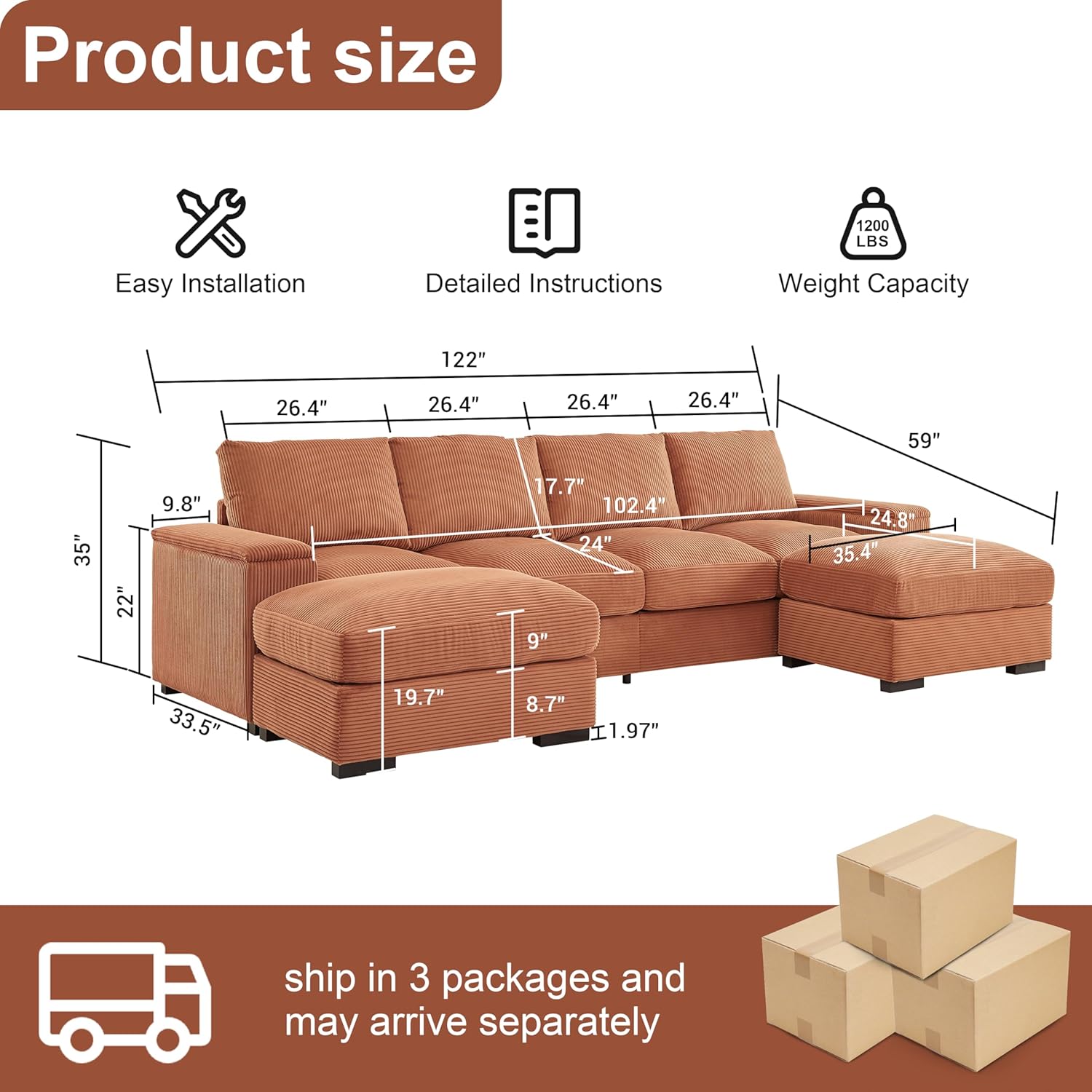122" Oversized Modular Sectional Sofa Cloud Couch with 2 Ottomans, Comfy Corduroy Upholstered Deep Seat Large U Shaped Lounge Sofa&Couches with Hidden Arm Storage Box
