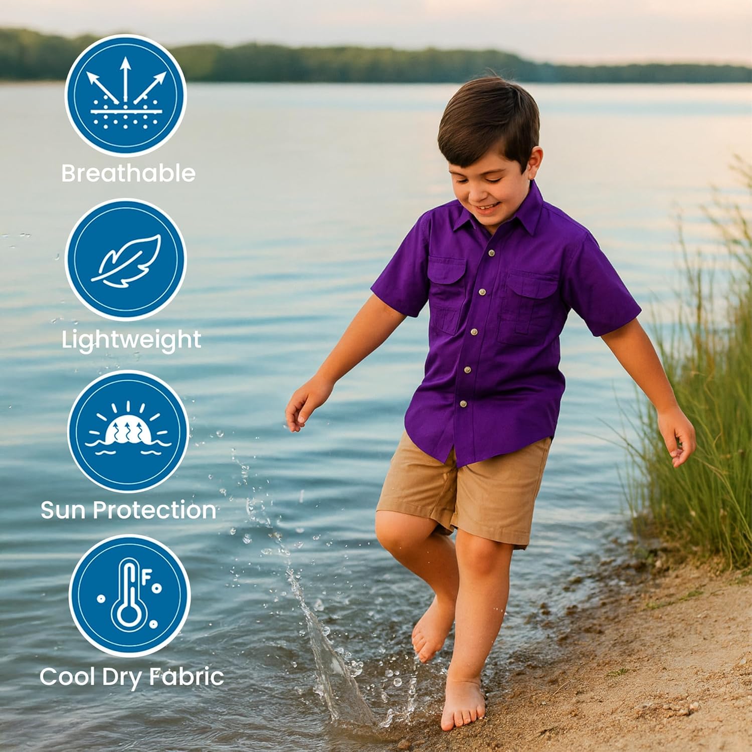 Kids Fishing Shirt Short Sleeve, Lightweight Quick Dry Button Down Outdoor Shirt for Boys and Girls