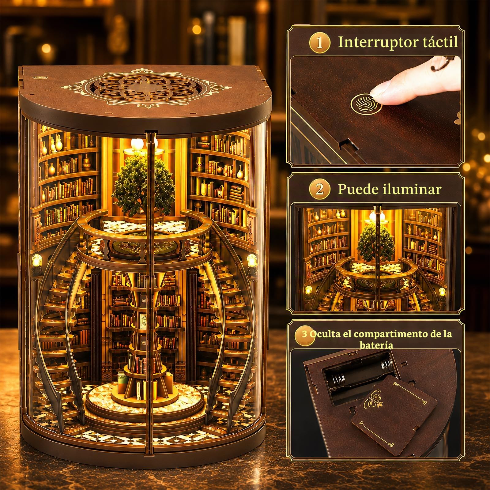 Kit Book Nook con Luz LED, Book Nook Biblioteca Antigua, 356 Piezas Puzzle 3D de Madera para Biblioteca, DIY Miniaturas para Montar, Sujetalibros Decorativo para Adultos, Regalo para Lectores