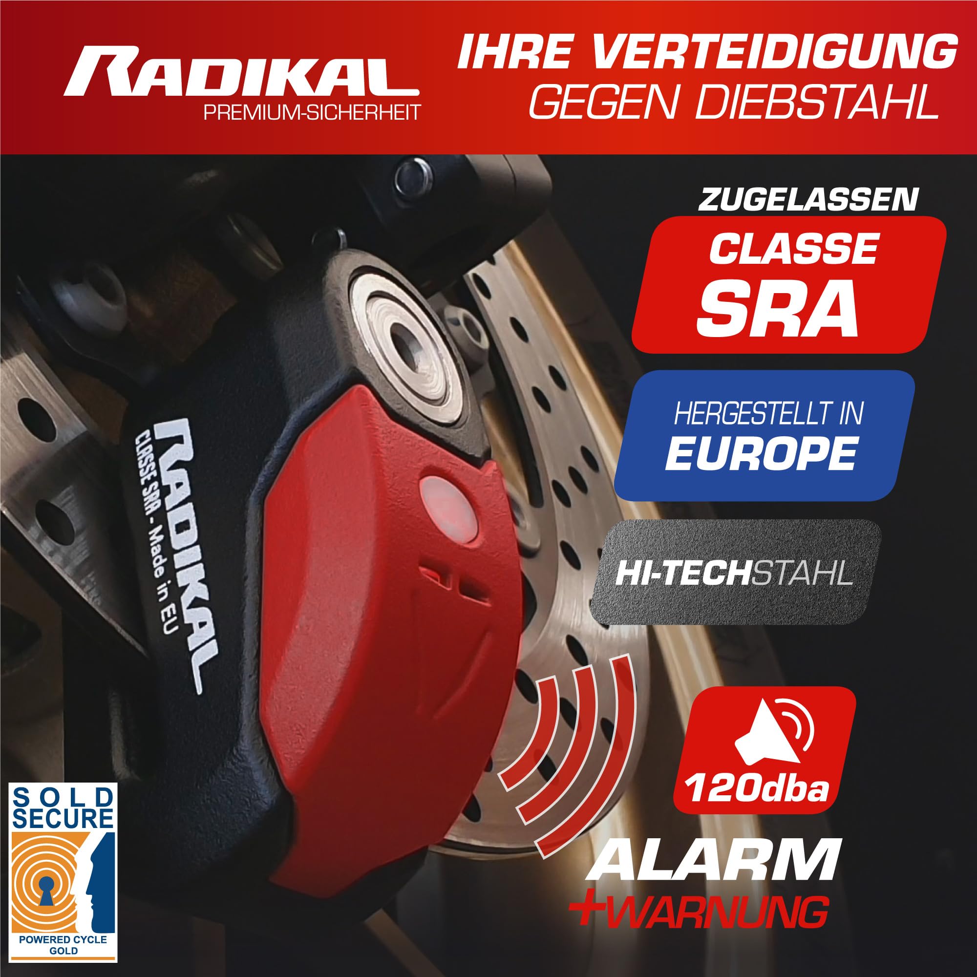 RADIKAL RK10 Bremsscheibenschloss Premium mit Alarm | Aktivierung nach Wahl, 120 dB, LED Warnung Voralarm | Motorrad Schloss SRA-zertifiziert, aus zementiertem Stahl, Doppelverriegelung Ø10, Rot