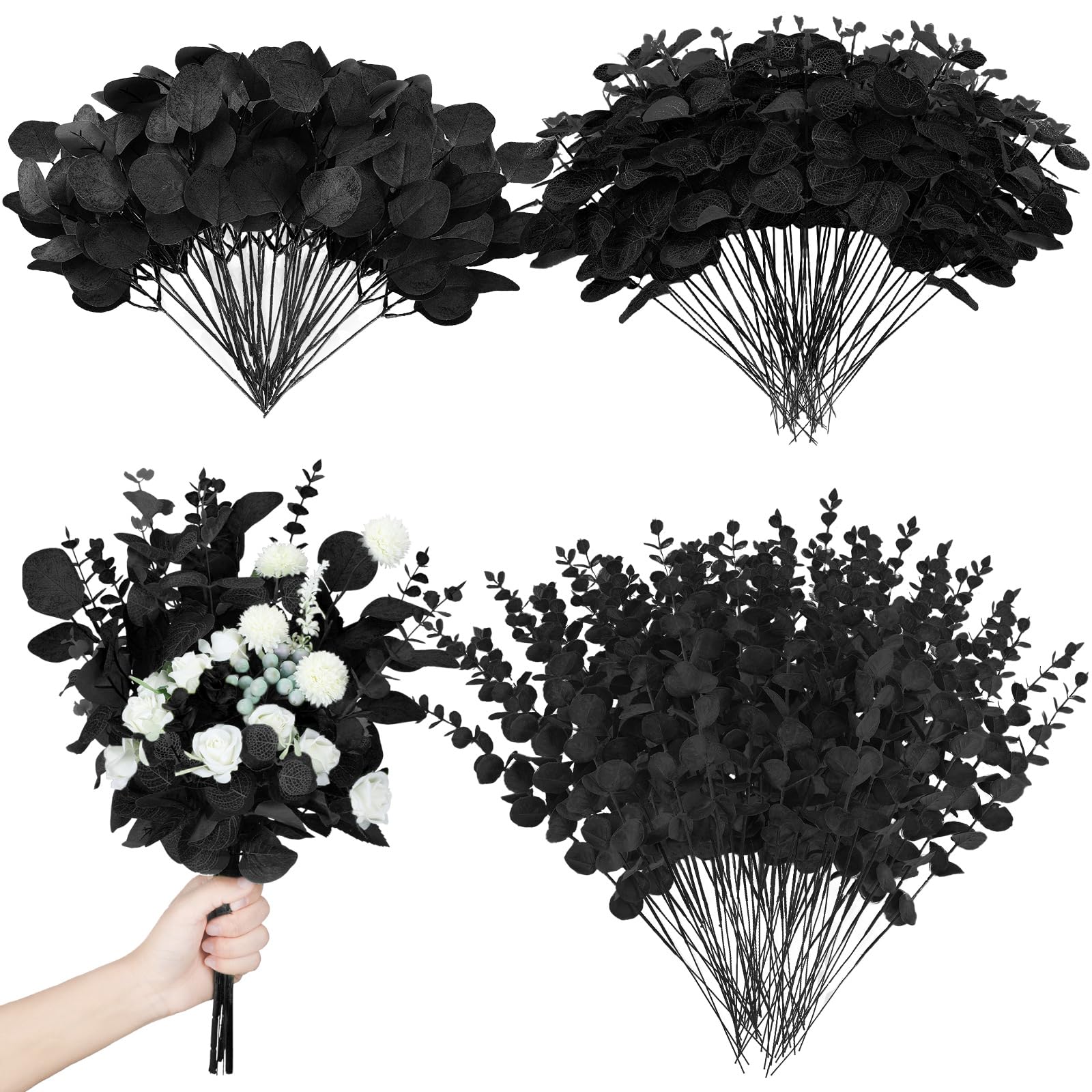 Giegxin Lot de 180 tiges de Feuilles d'eucalyptus artificielles en Vrac, 3 Types de Feuilles d'eucalyptus séchées, Faux Spray pour Vase de Mariage, Bouquet Floral (Noir)