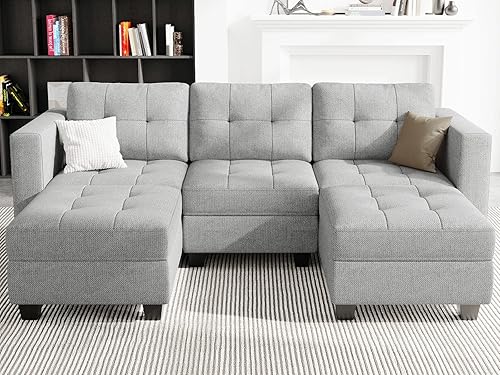 Miniatura 10 de Belffin Sofá modular modular con tumbonas dobles en forma de U, modular con asiento de almacenamiento, sofá modular con otomanas reversibles, color