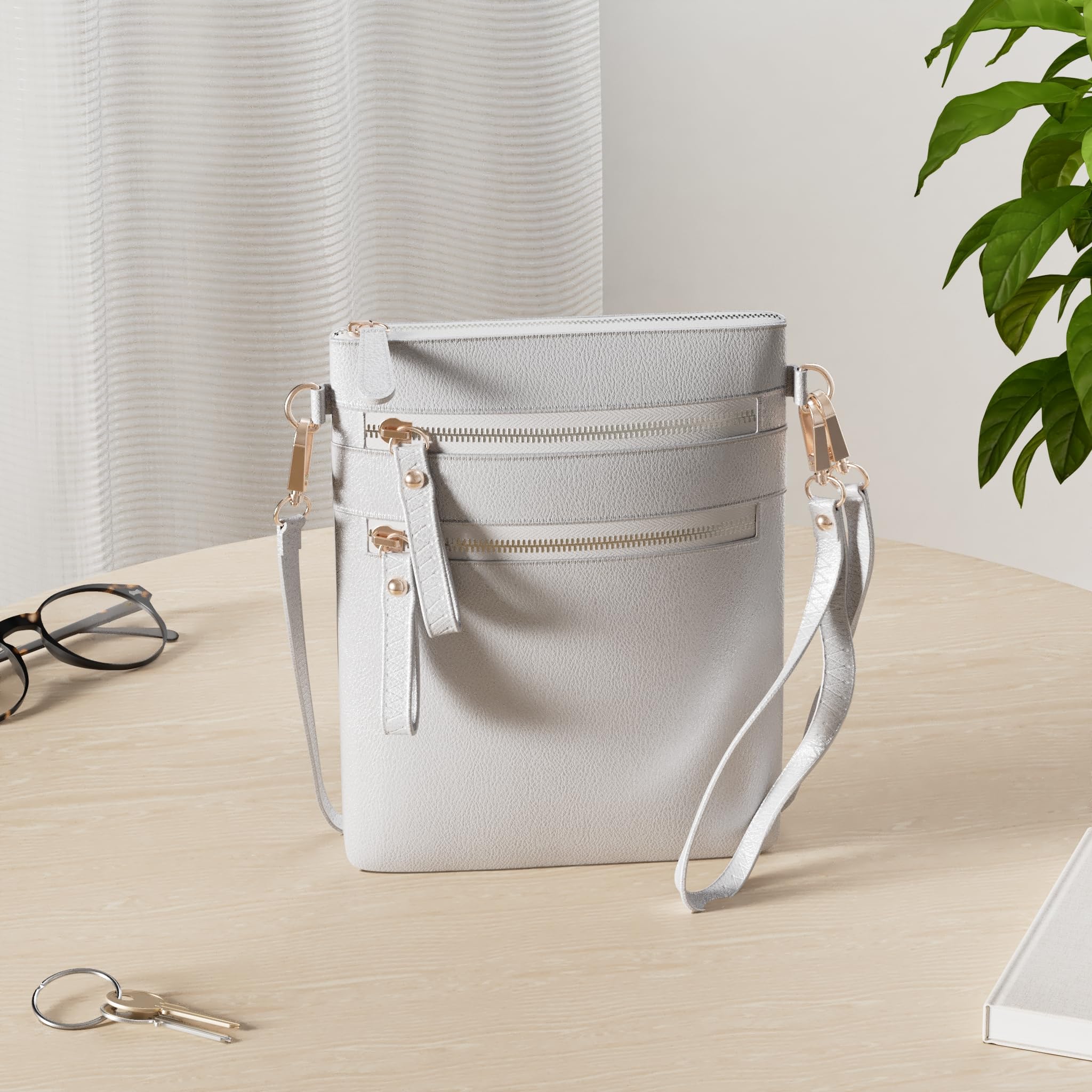 Solene Women's Faux Leather Organizer Multi Zipper Pockets Handbag With Detachable Wristlet Crossbody Bag-WU002(Light Pewter)