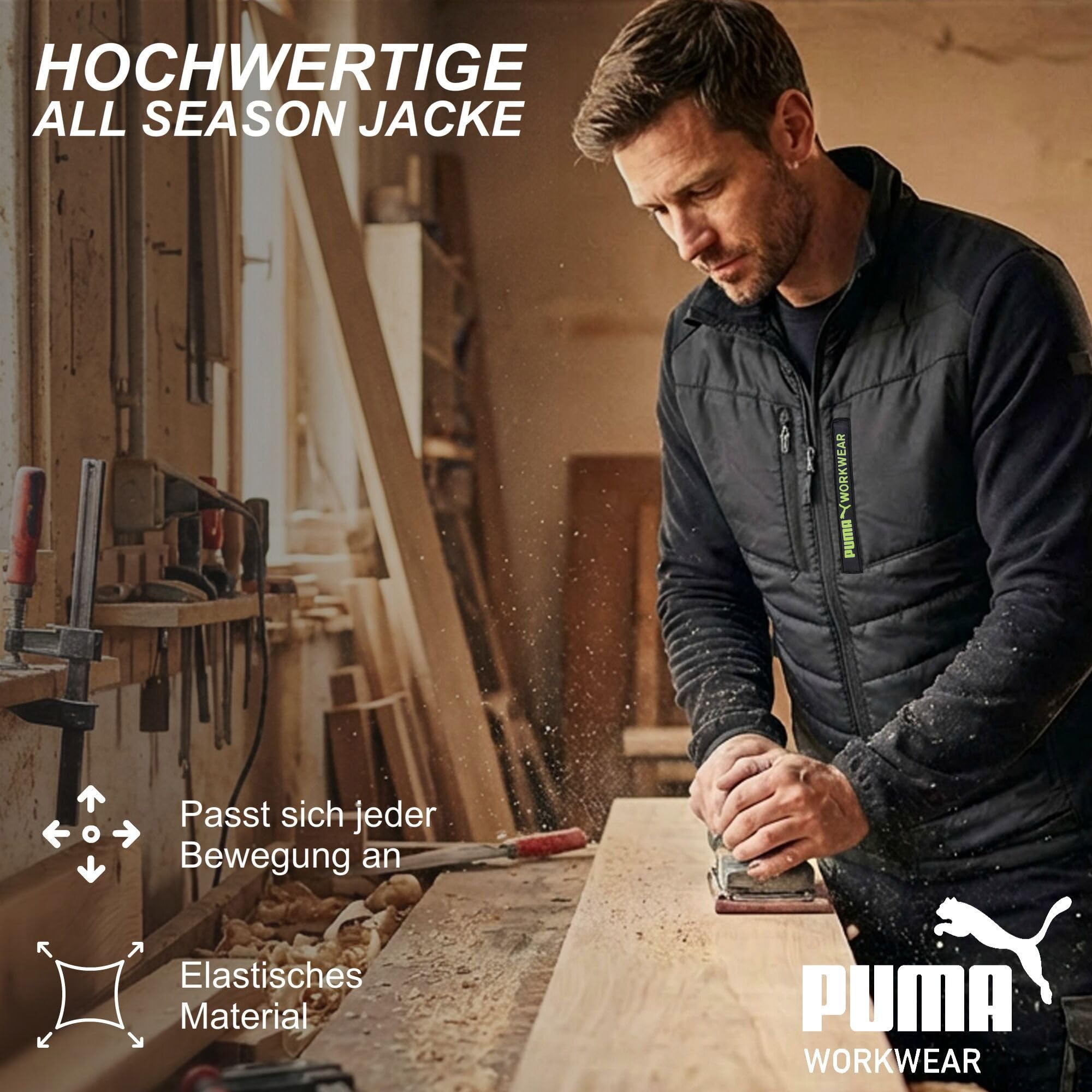 PUMA Workwear – męska kurtka na każdą pogodę – wzmocnienie na łokciach – przedłużona część tylna – wytrzymała i oddychająca kurtka robocza do rzemiosła, prac budowlanych i rolnictwa
