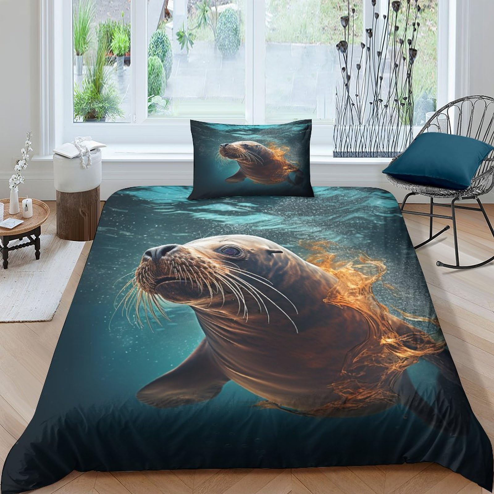Parure de couette Walrus facile d'entretien et résistante, linge de lit imprimé 3D lit simple