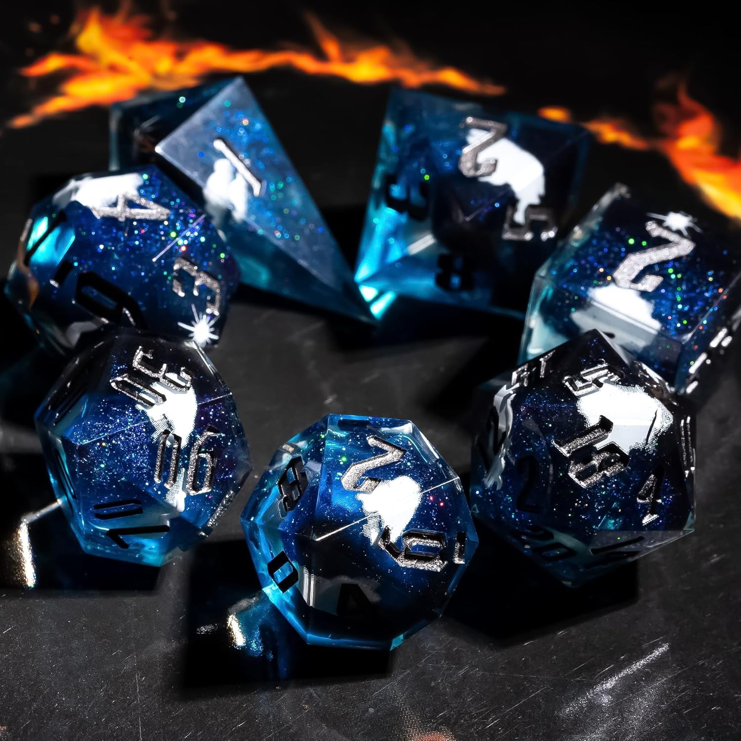 Cusdie 7-Piece Sharp Edges DND Dice Set - Starry Night Stickers Inside - Perfect for Tabletop RPGs and Board Games
