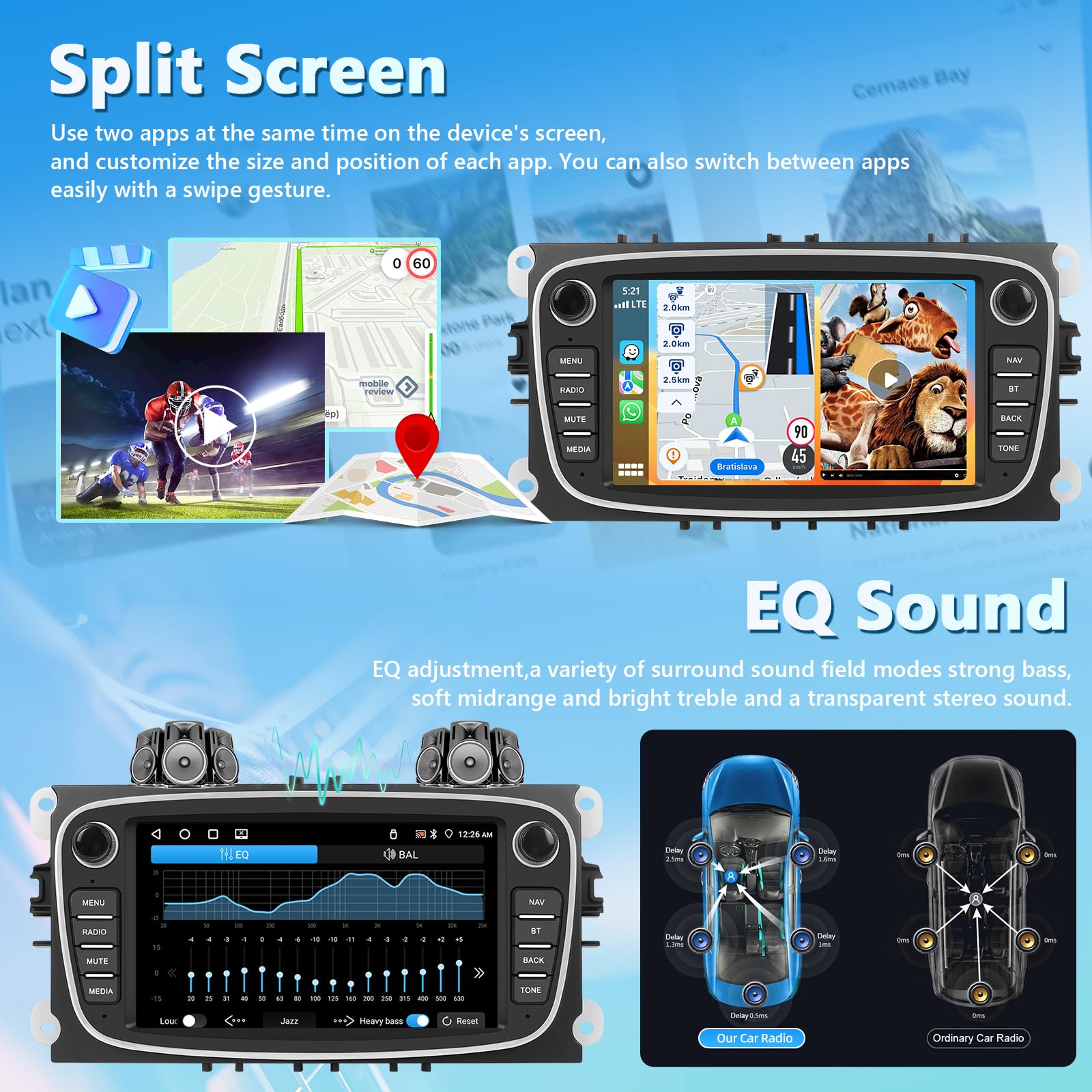4GB+64GB Autoradio per Ford Focus II/S-MAX/MONDEO 9/GAL con Wireless Carplay, Audio Bluetooth Touchscreen da 7 Pollici con Navigazione GPS/Collegamento a Specchio/WIFI/EQ/RDS/HiFi + Telecamera