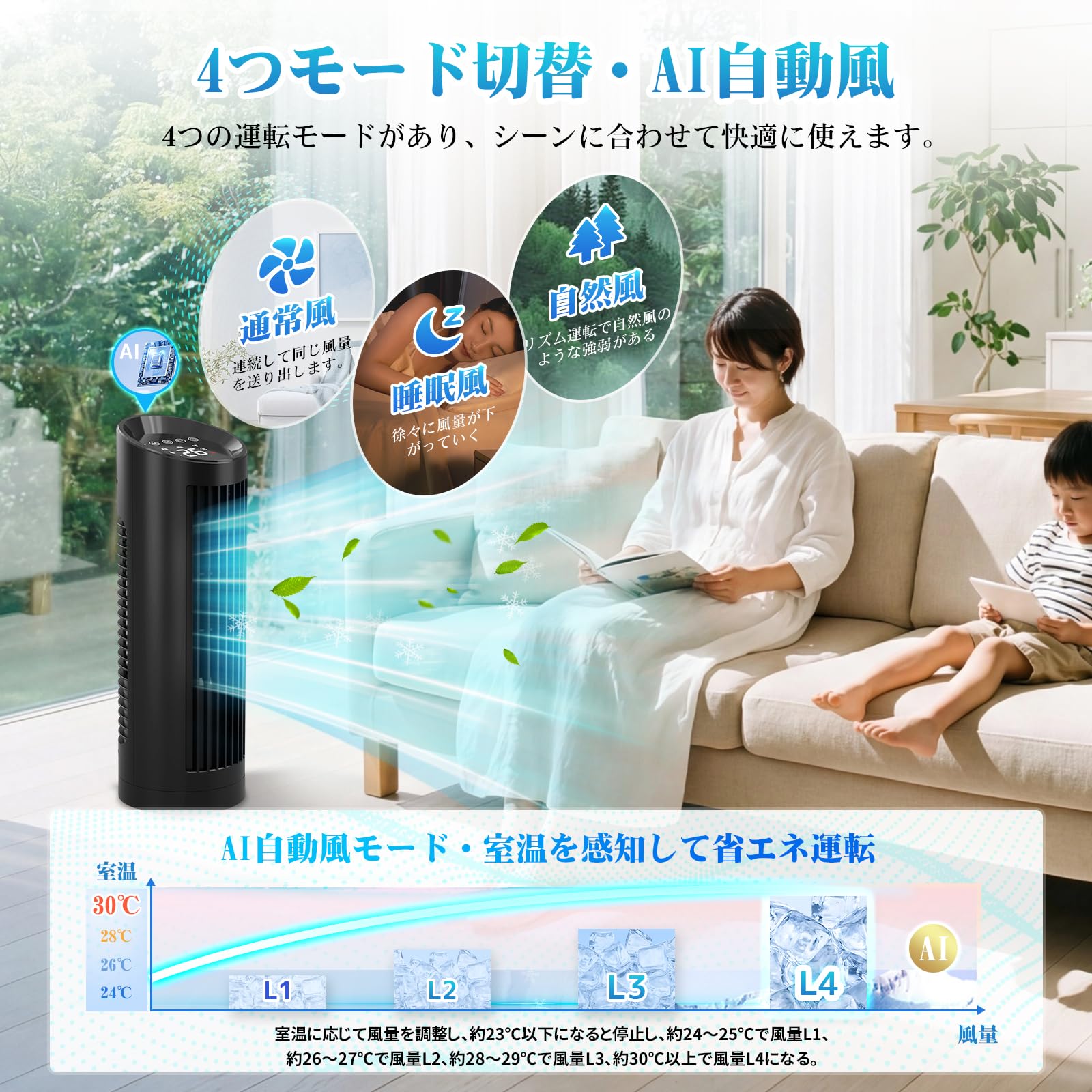 Amazon | タワーファン 扇風機【2026夏新型・AI自動風・風量4段階
