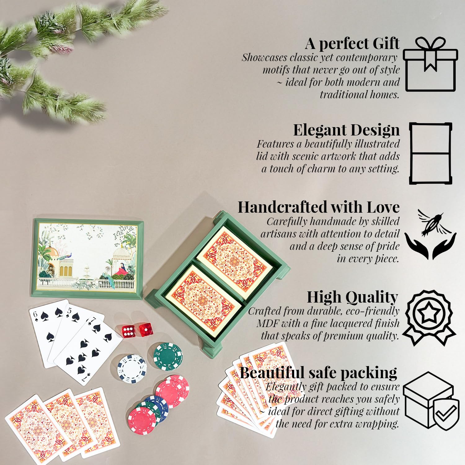 Craftslane Wooden Playing Cards Box Case Tash Holder with 2 Deck Card Organizer Box Gift Box (17.8 x 16 x 11.7 cm) (Garden Princess Playing Card Boxes) 2