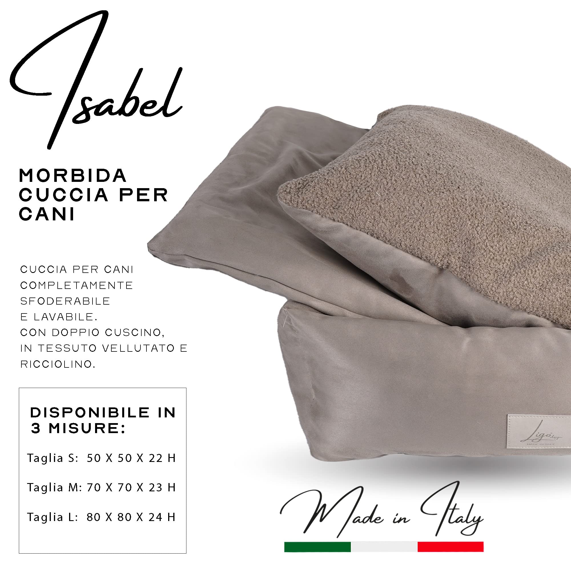 Ligo ISABEL - Cuccia per cani, cuccia per cane artigianale italiana in tessuto vellutato/ricciolino sfoderabile lavabile. Lettino letto materassino cuccetta cuscino mordido per cane. BEIGE CHIARO-S