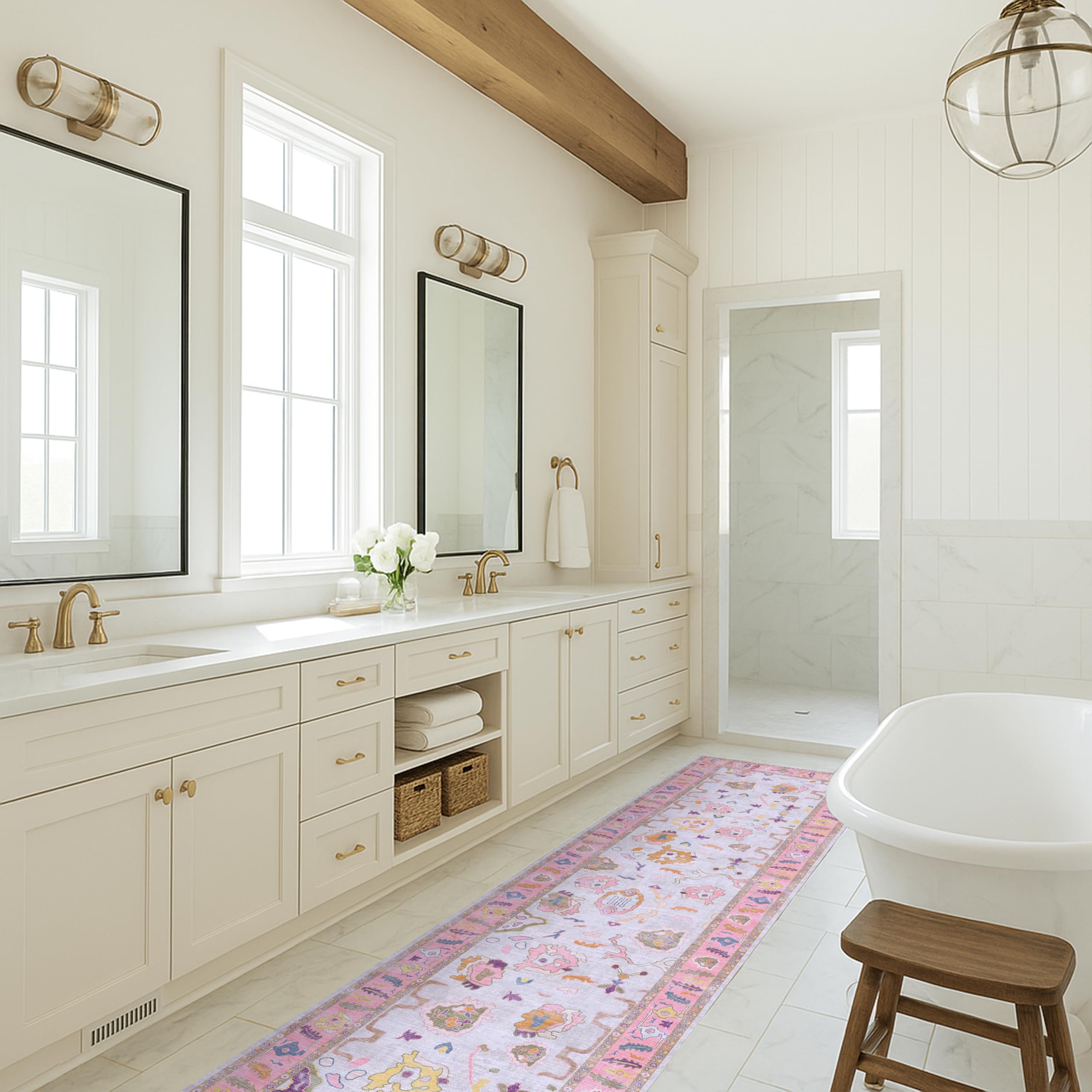 Fame Rugs Pink Beige Modern Oushak Rug 2'6"x13, Vintage Turkish Colorful Oriental Antique Inspired Long Runner Rugs, Luxury Living Room Bedroom (390PP