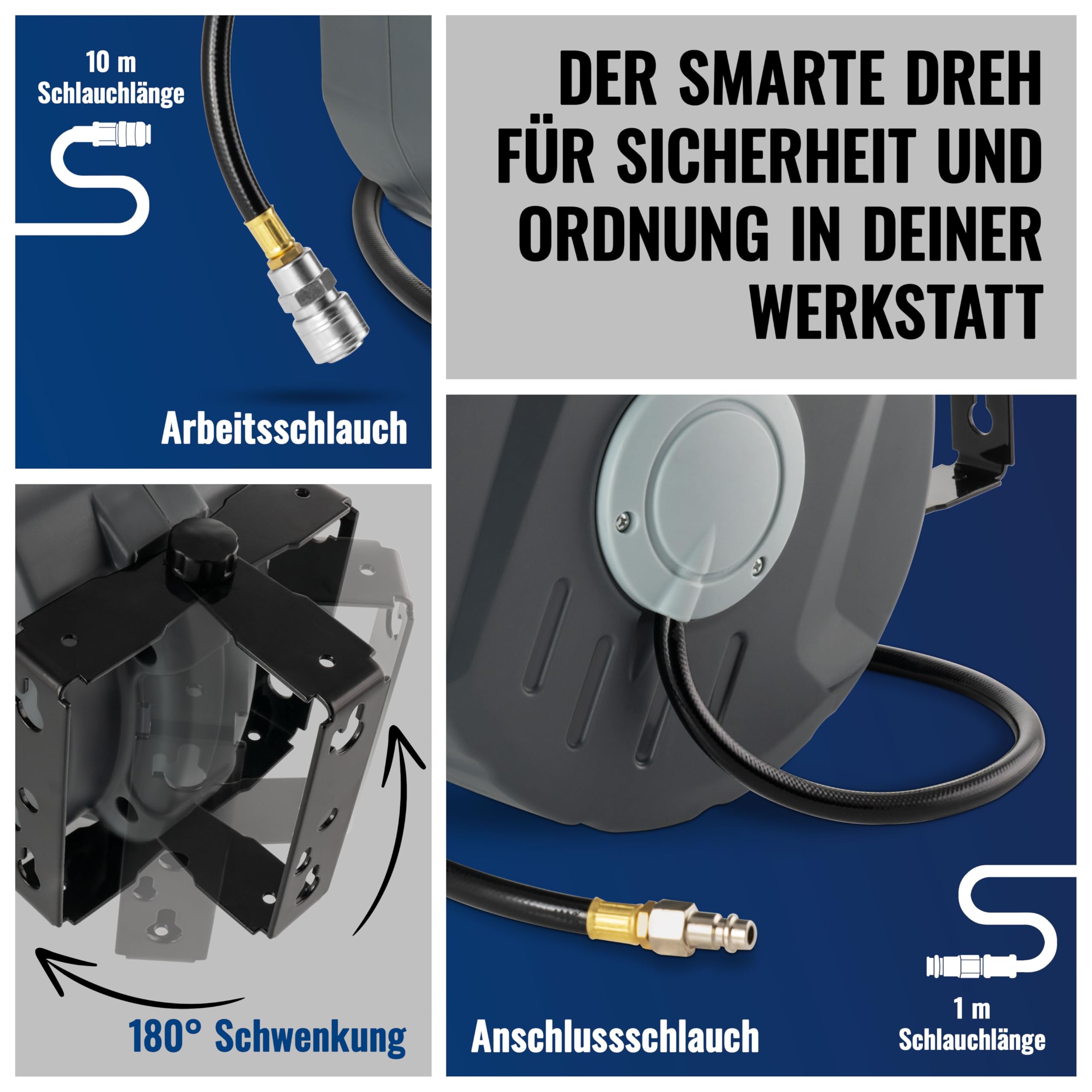 Poppstar Druckluftschlauchtrommel (Schlauch: 10m + 1m, Innendurchmesser 5/16"(8x12mm), 3/8"BSPT), Schlauchtrommel mit Automatik Aufroller für Druckluft Schlauch Grau