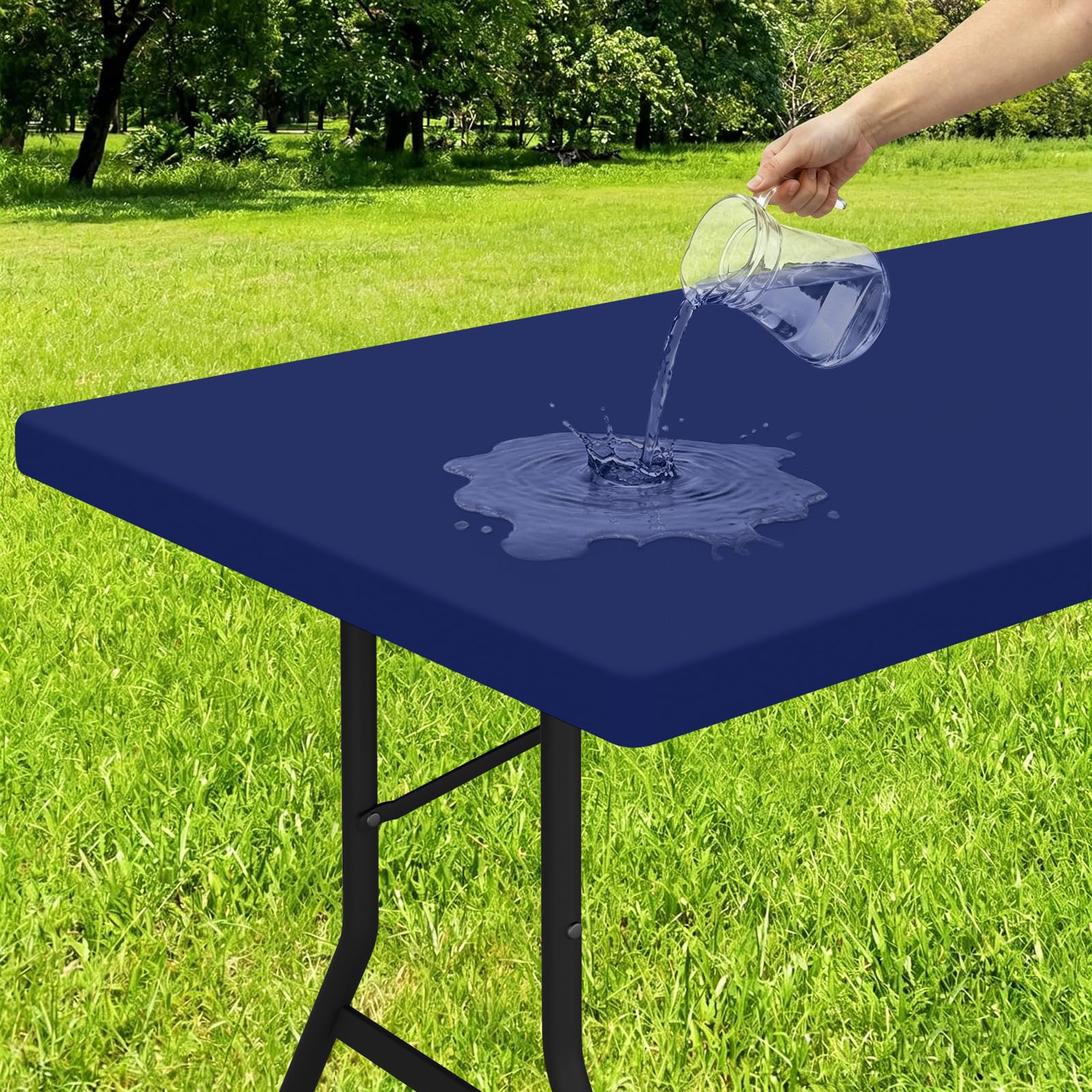 Photo 1 of Smiry Rectangle Tablecloth, Elastic Fitted Flannel Backed Vinyl Tablecloths for 5ft Folding Tables, Waterproof Wipeable Table Covers for Indoor, Outdoor, Picnic and Camping (Navy, 30"x60")