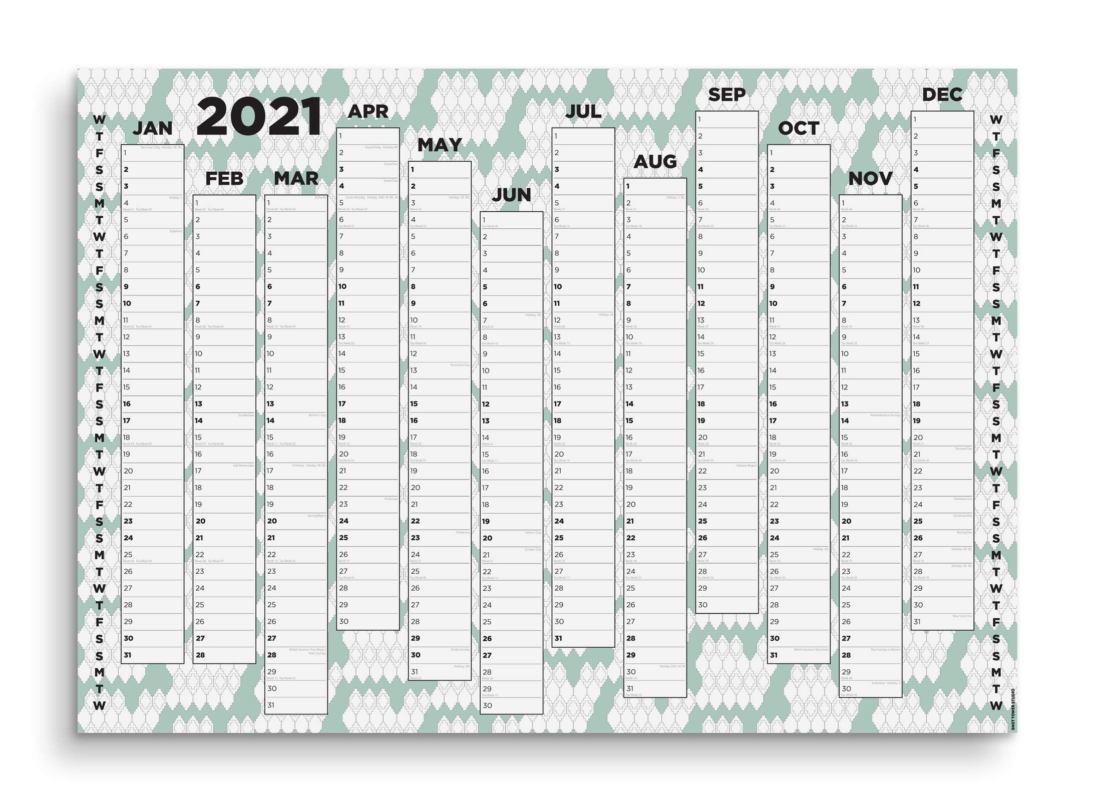 Colour (Landscape) 2021 Wall Planner - A1 or A2 Paper Size Non-Laminated (A2 UK & Ireland Planner)