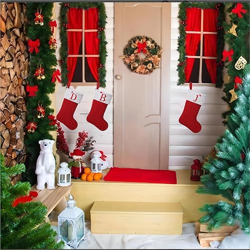 Miniatura 6 de Medias de Navidad con monograma de punto rojo de 19.5 pulgadas, medias de Navidad con inicial personalizadas, decoración de fiesta de Navidad